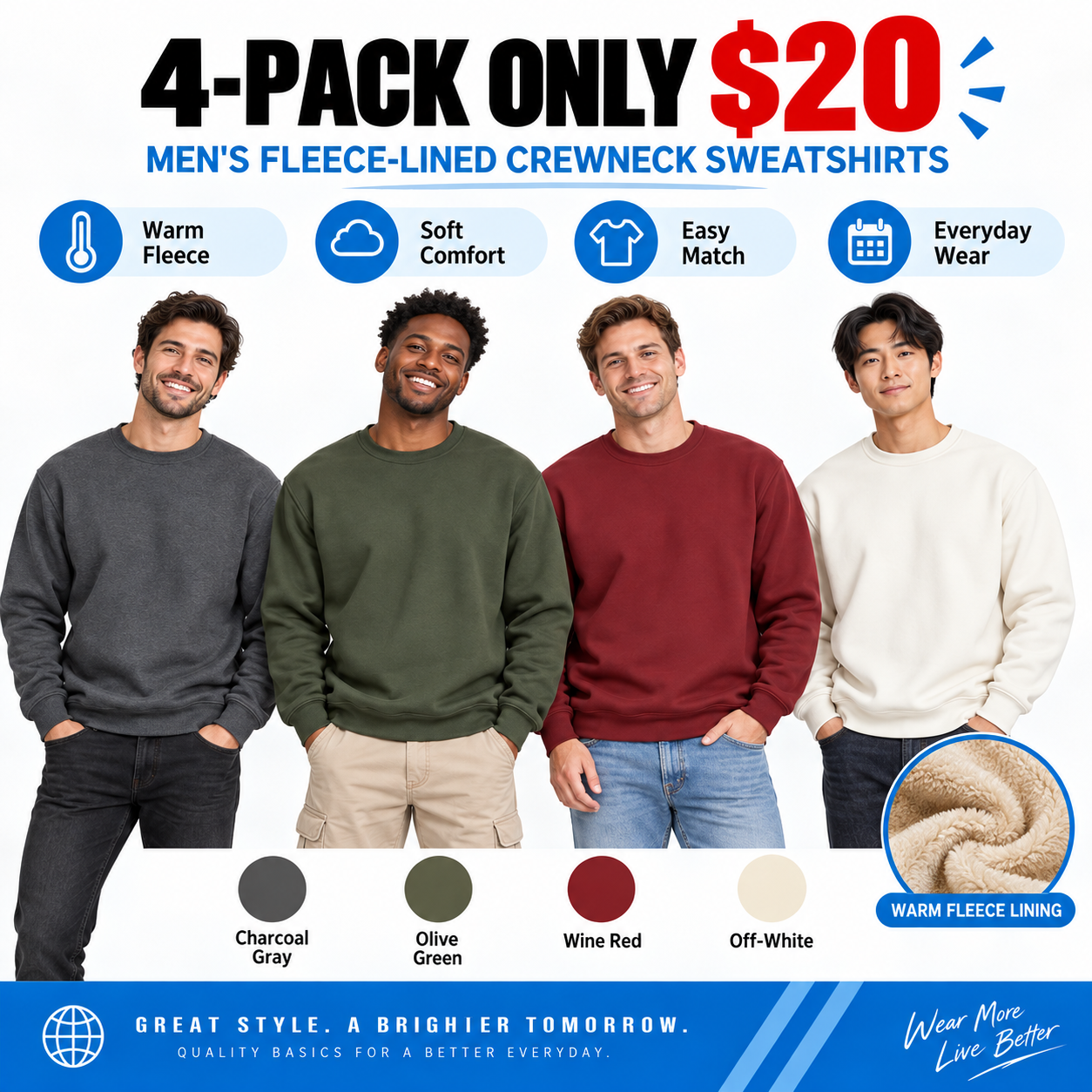 Men's Fleece-Lined Crewneck Sweatshirt – Warm Soft Pullover for Everyday Wear