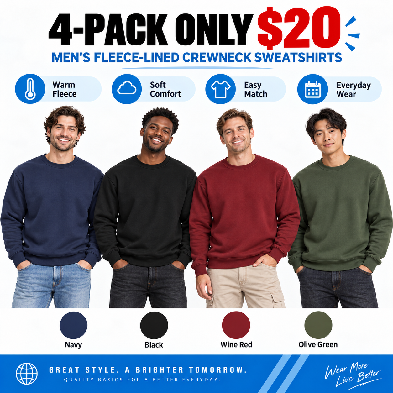 Men's Fleece-Lined Crewneck Sweatshirt – Warm Soft Pullover for Everyday Wear