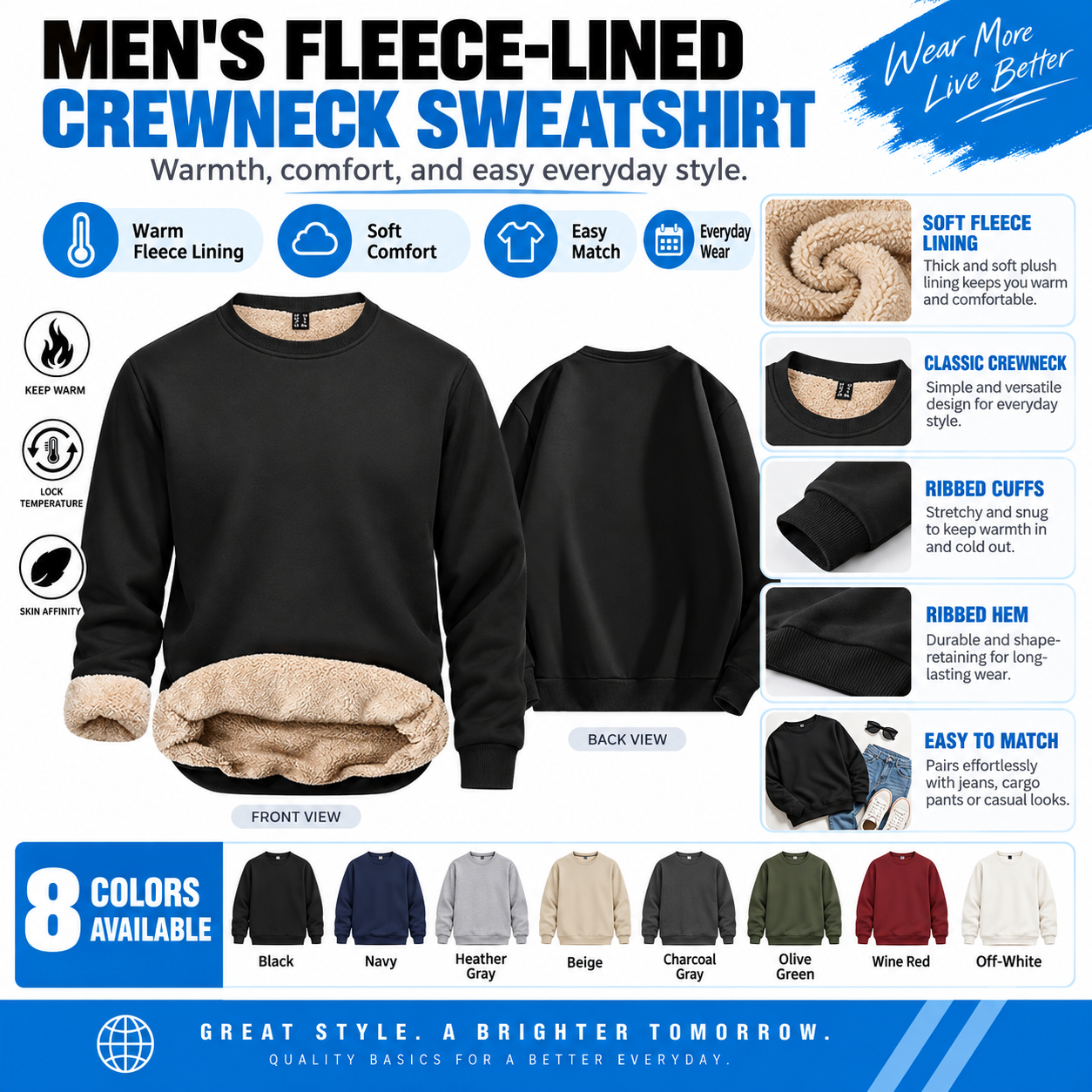 Men's Fleece-Lined Crewneck Sweatshirt – Warm Soft Pullover for Everyday Wear