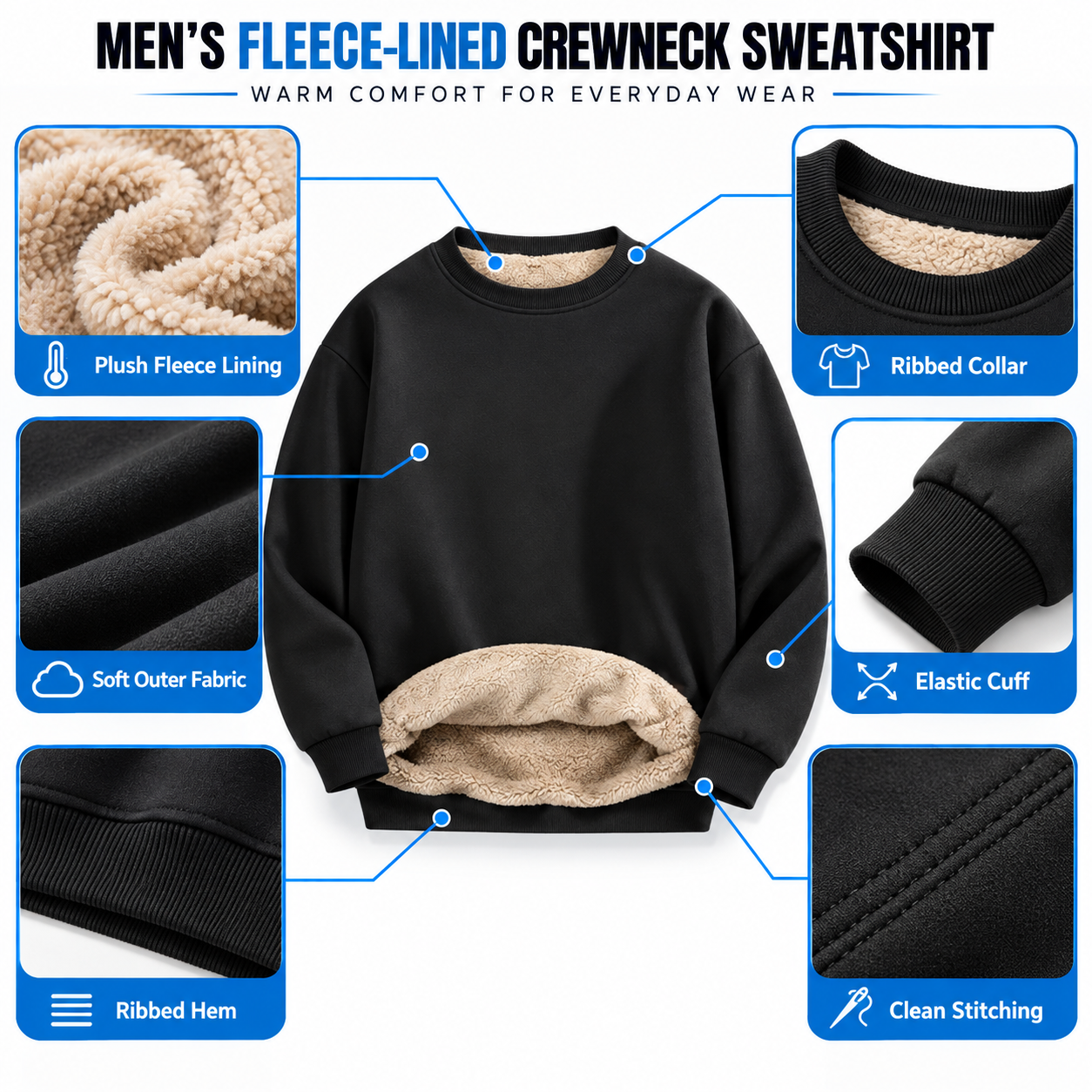 Men's Fleece-Lined Crewneck Sweatshirt – Warm Soft Pullover for Everyday Wear
