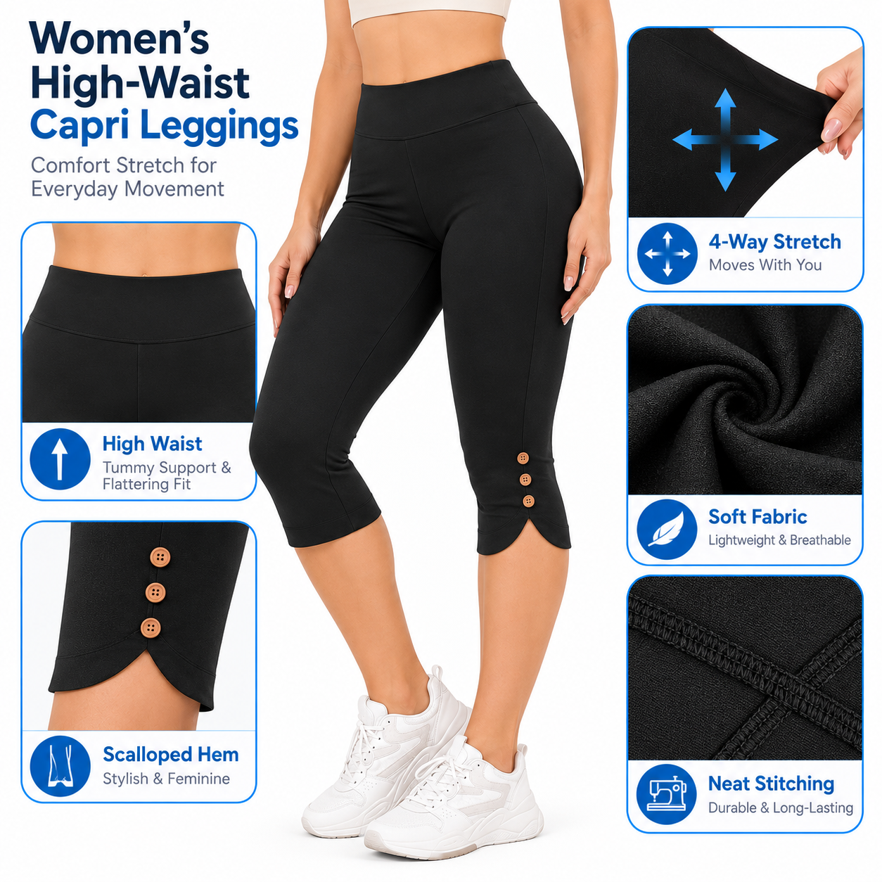 Women's High-Waisted Yoga Capri Leggings – Butt Lifting, 4-Way Stretch, Non-See-Through Workout & Everyday Pants