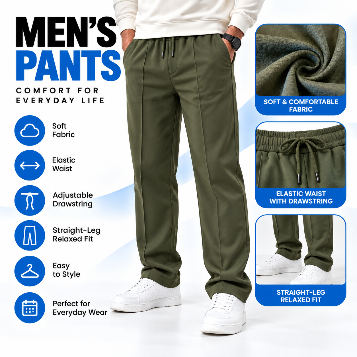 Men's Relaxed Straight-Leg Pants – Elastic Drawstring Waist Casual Trouser with Side Pockets
