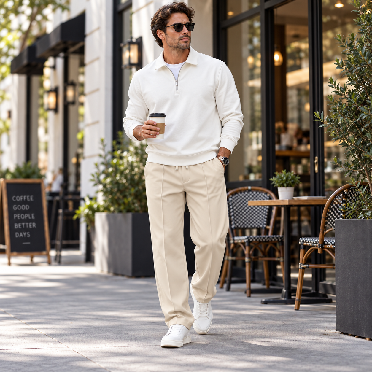 Men's Relaxed Straight-Leg Pants – Elastic Drawstring Waist Casual Trouser with Side Pockets