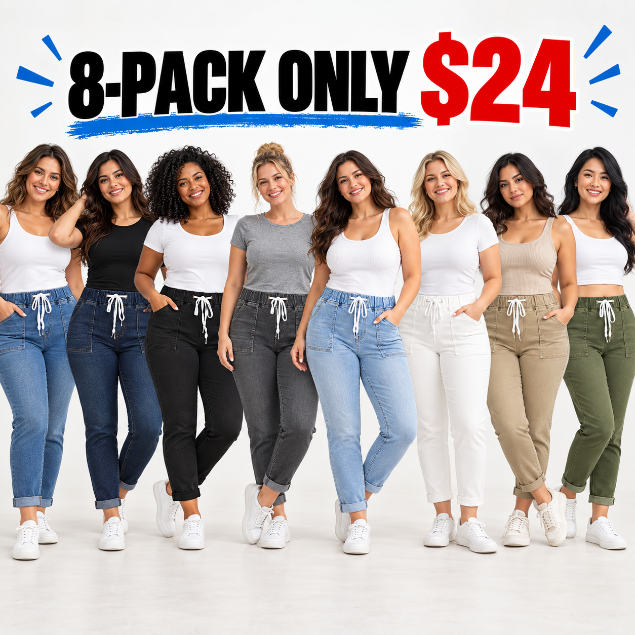 Women's High-Waisted Stretch Denim Jeans – Elastic Drawstring Skinny Fit with Slanted Pockets