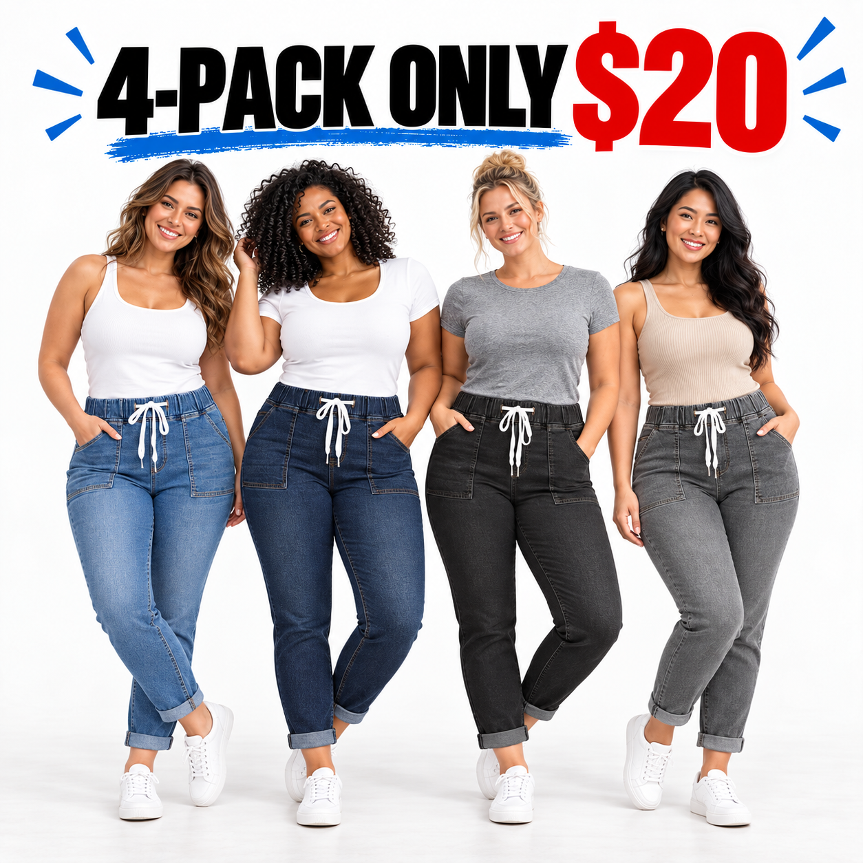 Women's High-Waisted Stretch Denim Jeans – Elastic Drawstring Skinny Fit with Slanted Pockets