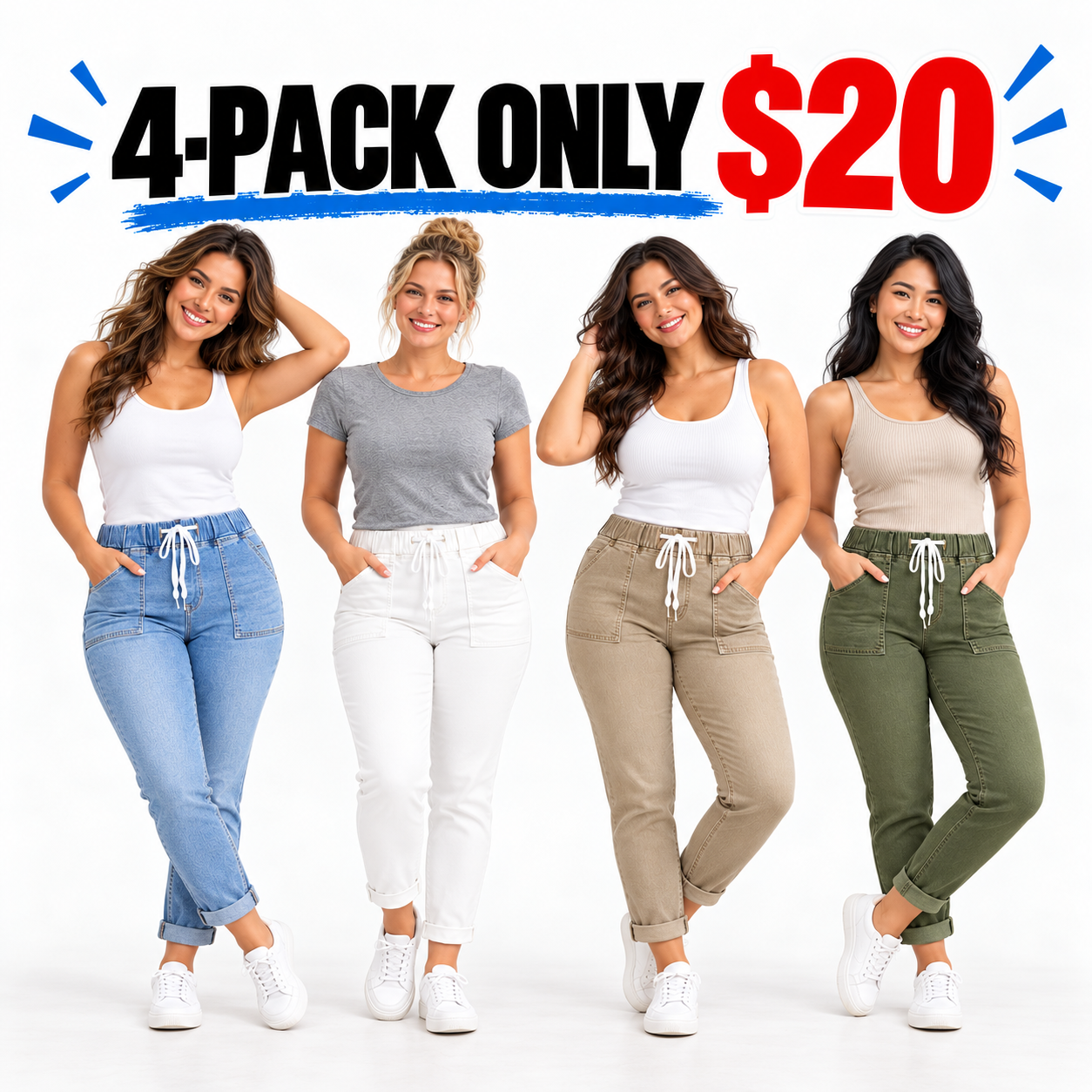 Women's High-Waisted Stretch Denim Jeans – Elastic Drawstring Skinny Fit with Slanted Pockets