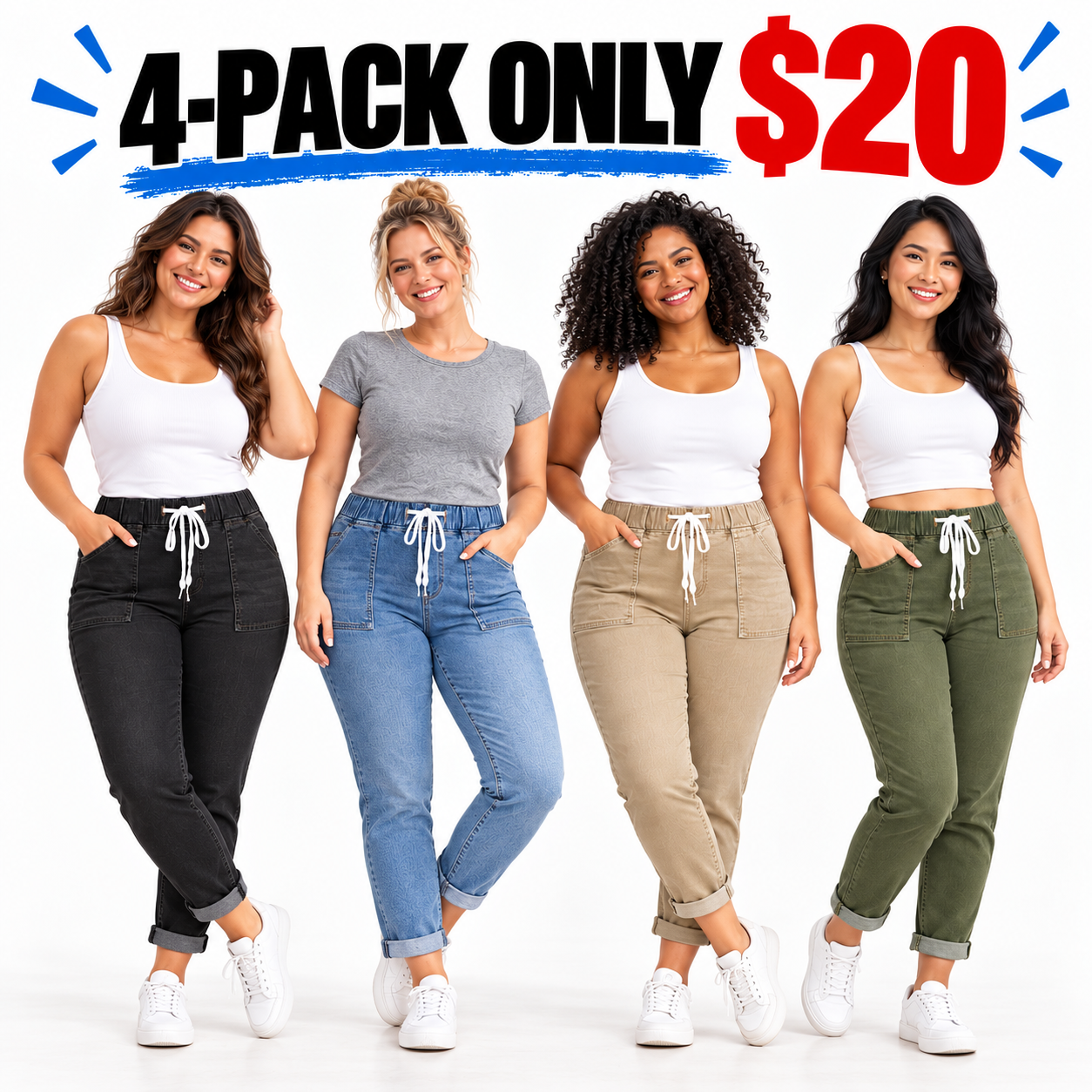 Women's High-Waisted Stretch Denim Jeans – Elastic Drawstring Skinny Fit with Slanted Pockets