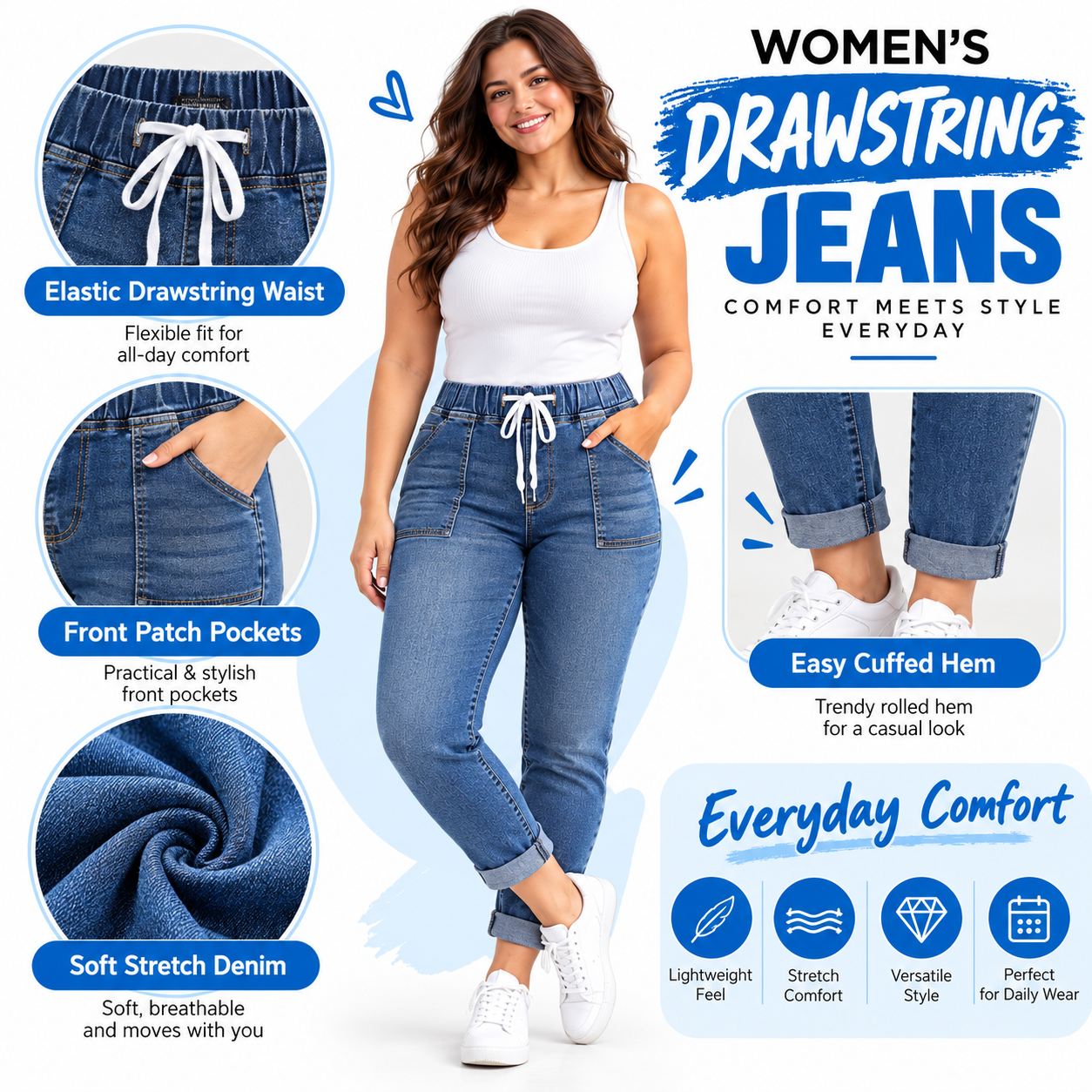 Women's High-Waisted Stretch Denim Jeans – Elastic Drawstring Skinny Fit with Slanted Pockets