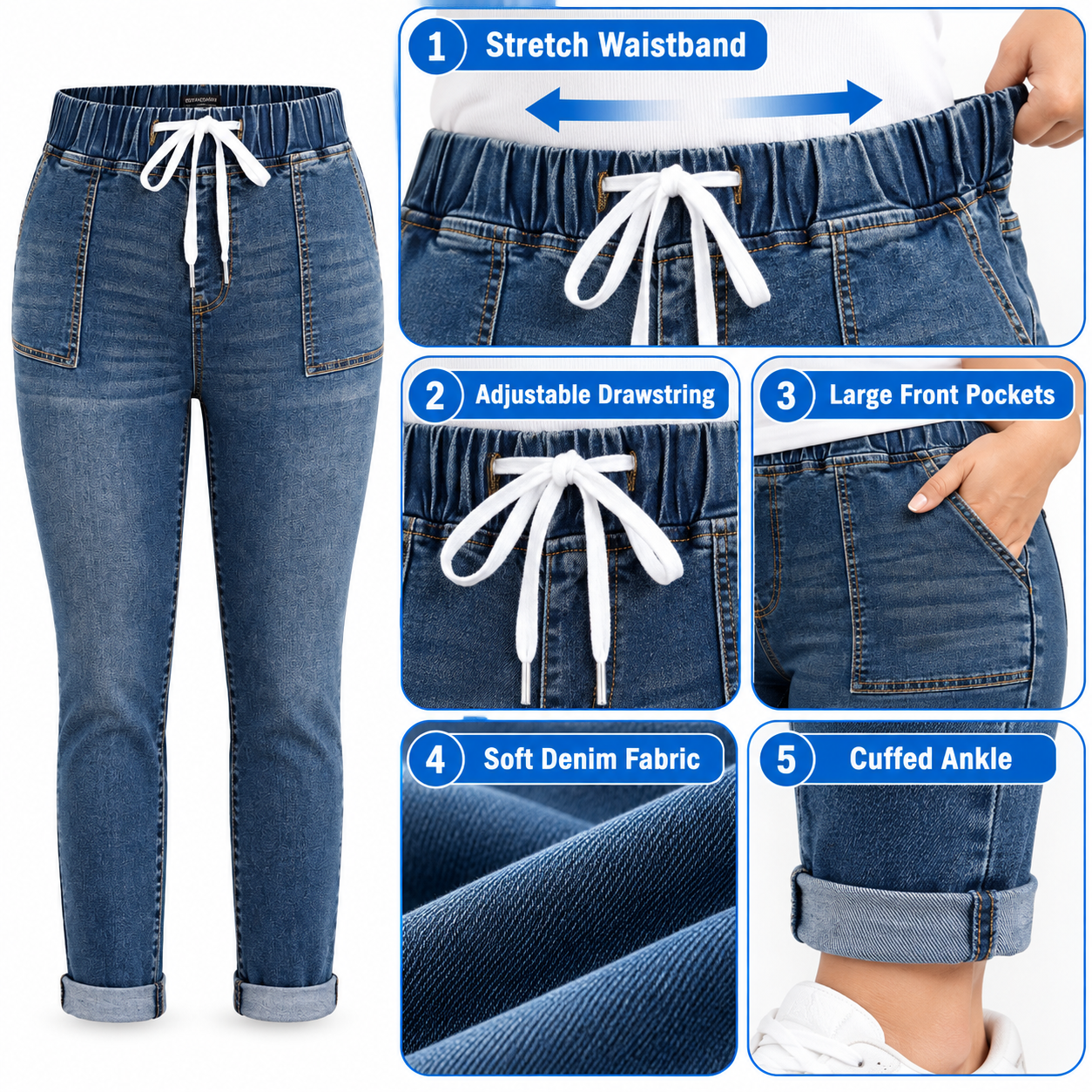Women's High-Waisted Stretch Denim Jeans – Elastic Drawstring Skinny Fit with Slanted Pockets