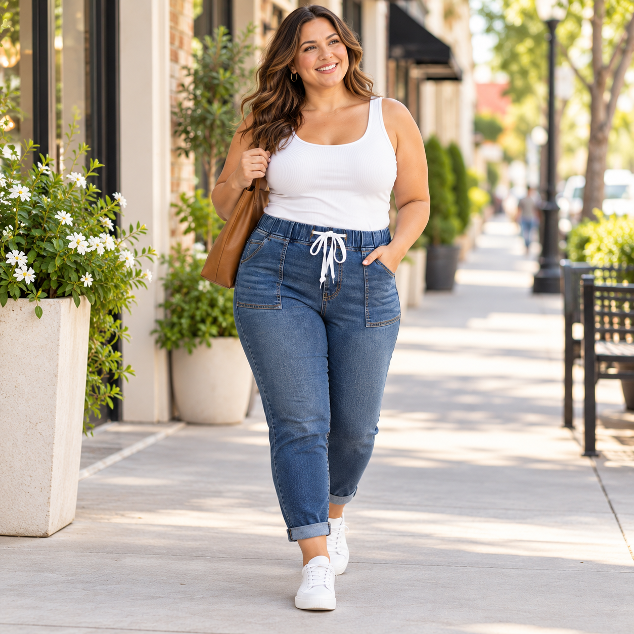 Women's High-Waisted Stretch Denim Jeans – Elastic Drawstring Skinny Fit with Slanted Pockets
