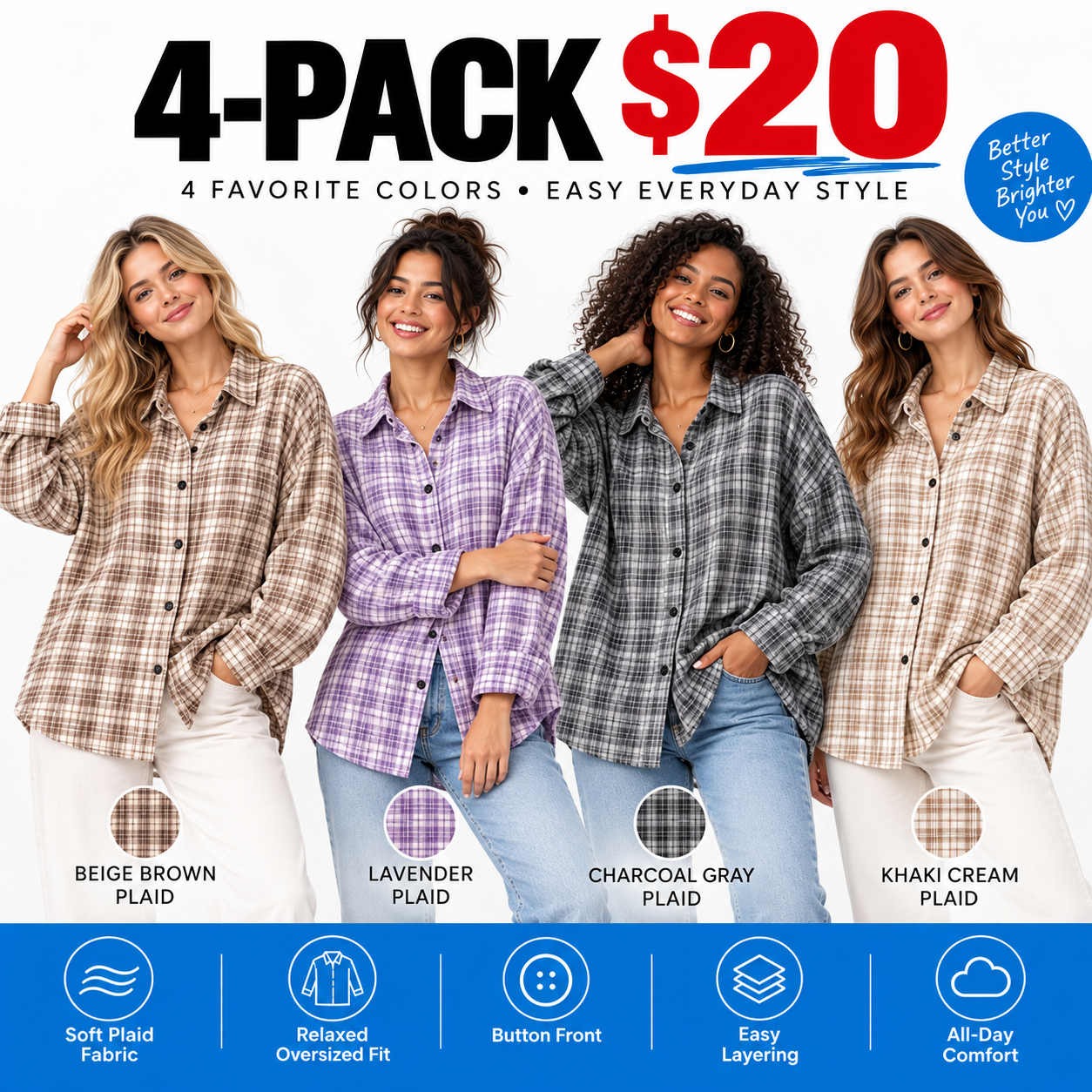 Women's Oversized Plaid Pouch Pocket Shirt – Vintage Street Style Long Sleeve Top