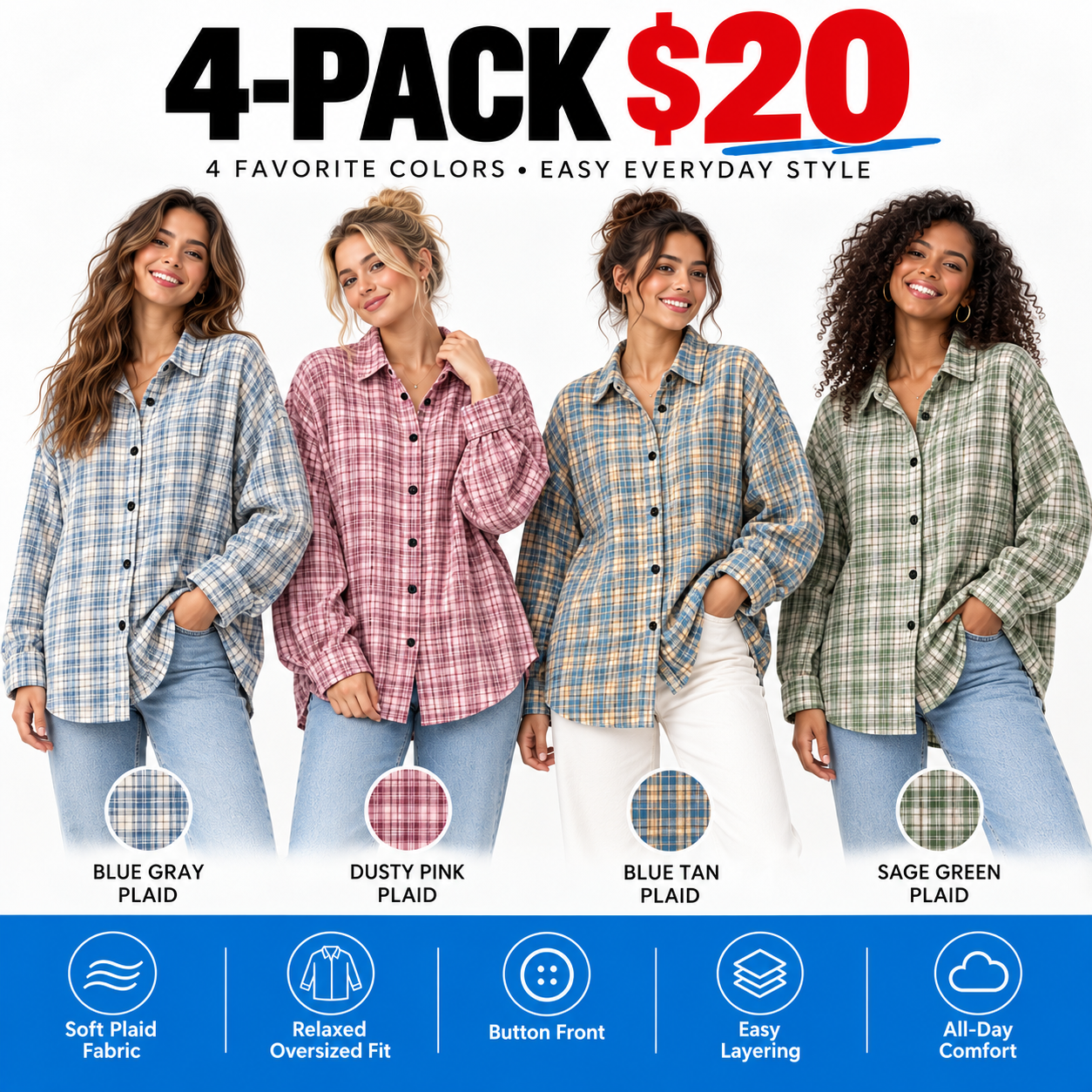 Women's Oversized Plaid Pouch Pocket Shirt – Vintage Street Style Long Sleeve Top