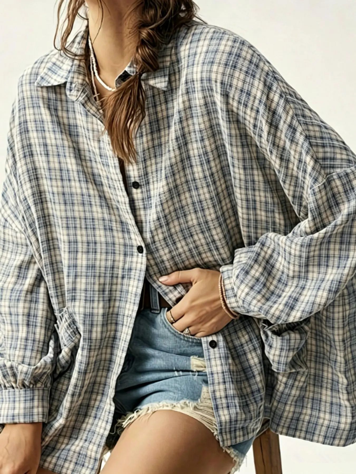 Women's Oversized Plaid Pouch Pocket Shirt – Vintage Street Style Long Sleeve Top