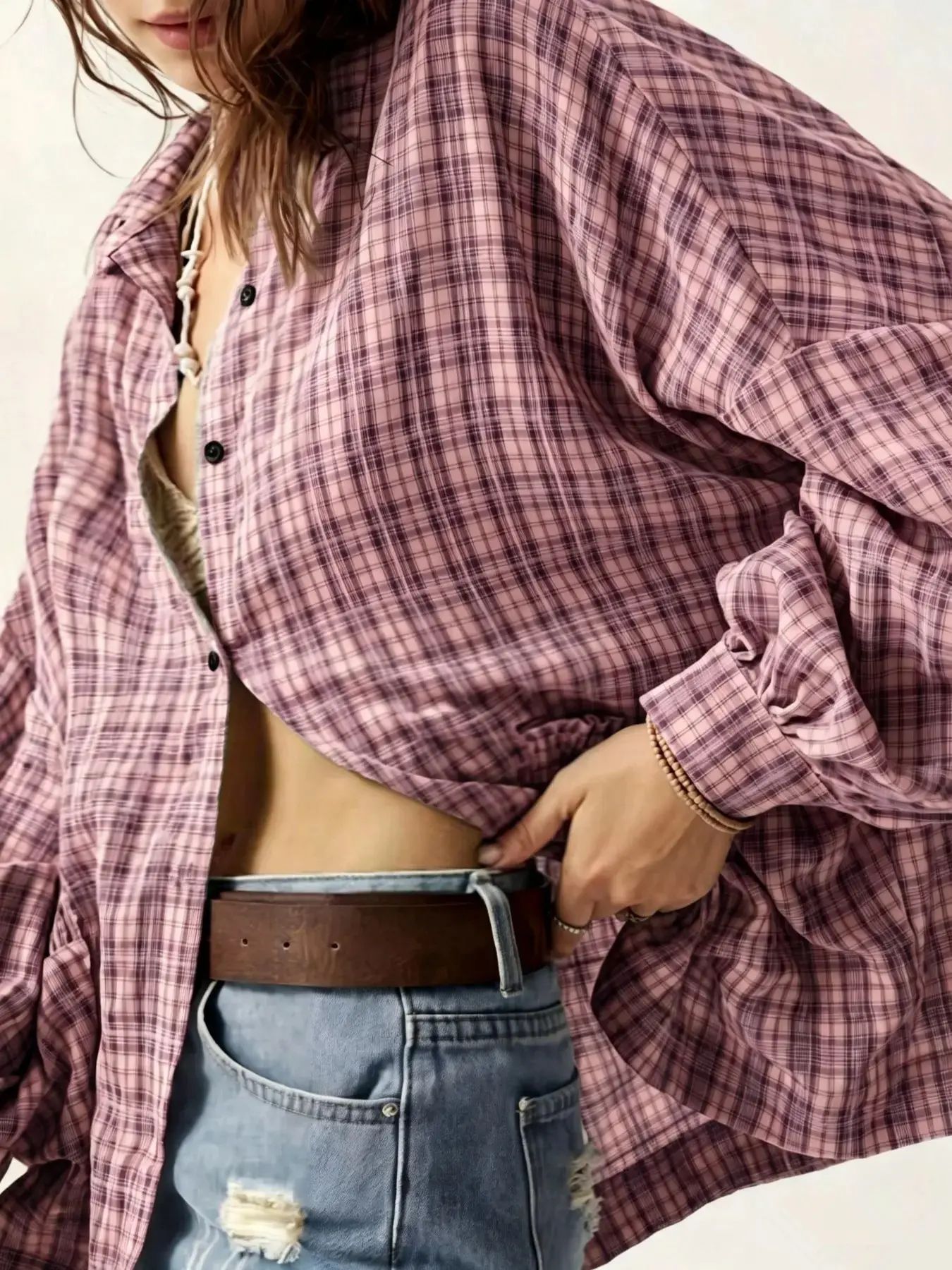 Women's Oversized Plaid Pouch Pocket Shirt – Vintage Street Style Long Sleeve Top