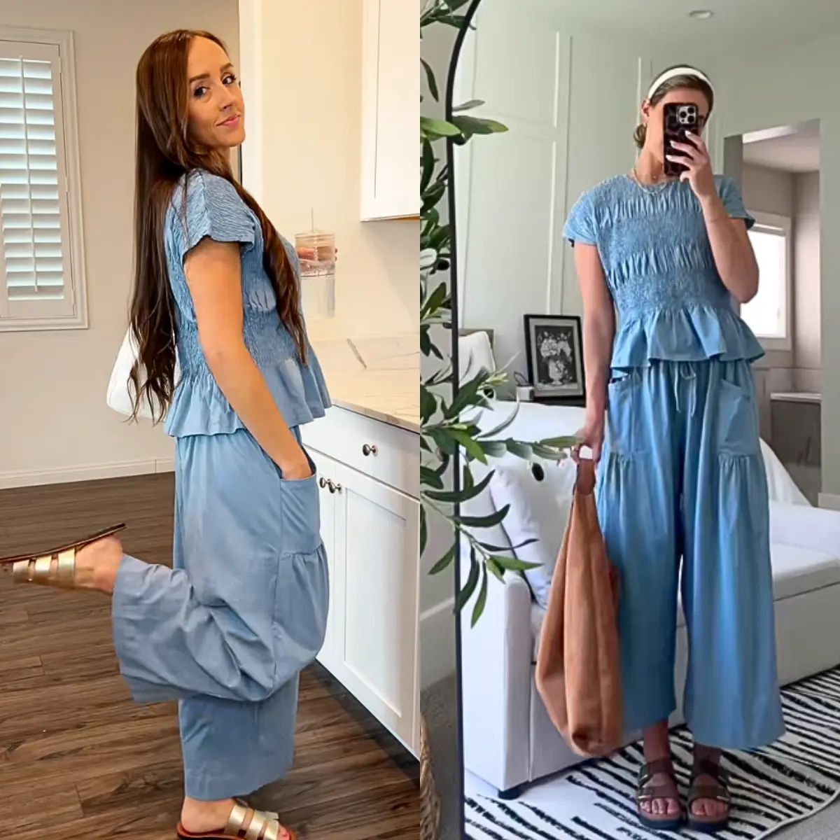 Women's 2-Piece Boho Outfit: Cotton Smocked Top & High Waisted Wide Leg Pants Set