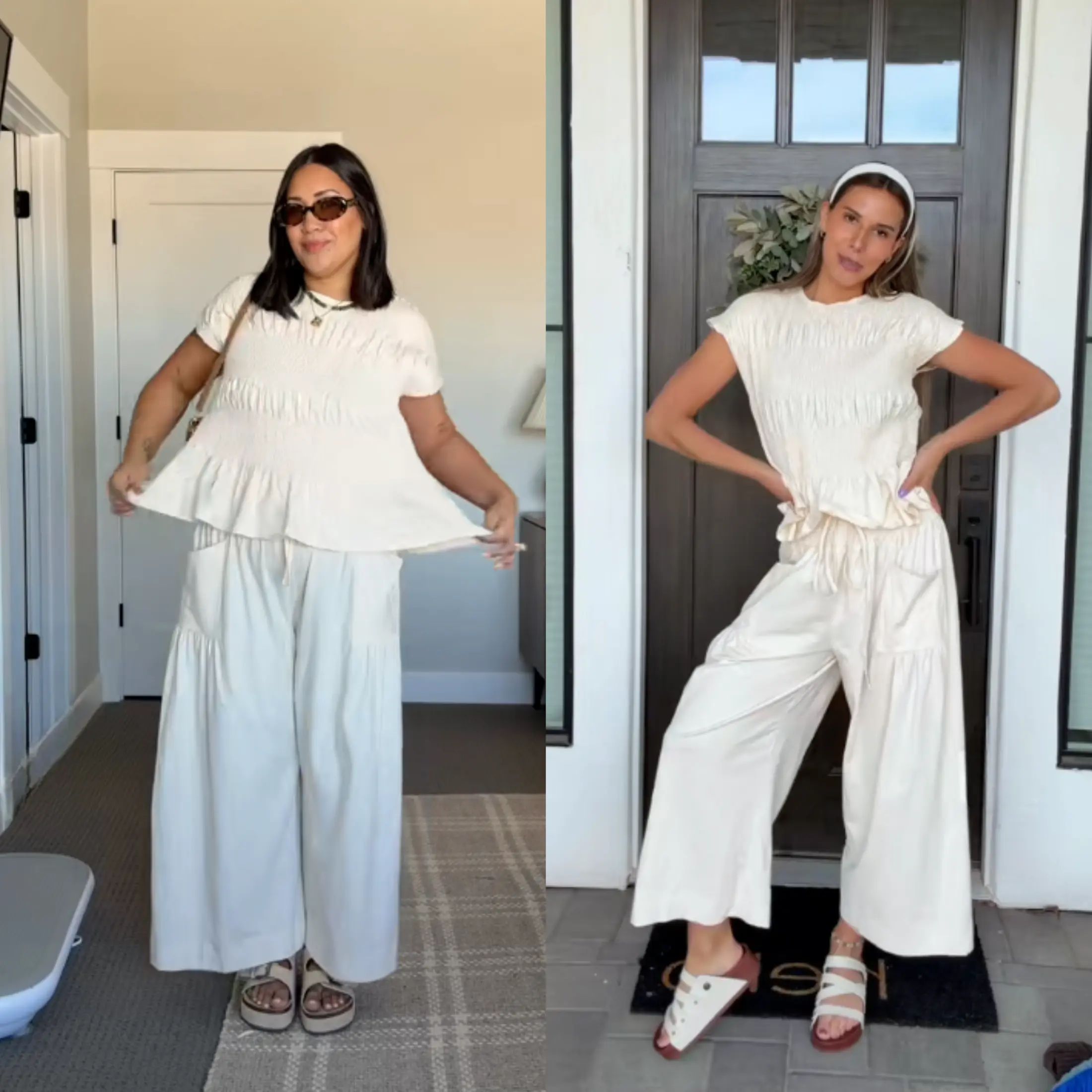 Women's 2-Piece Boho Outfit: Cotton Smocked Top & High Waisted Wide Leg Pants Set