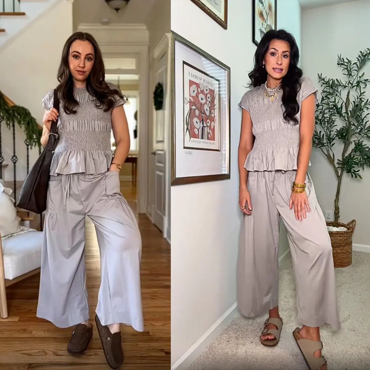 Women's 2-Piece Boho Outfit: Cotton Smocked Top & High Waisted Wide Leg Pants Set