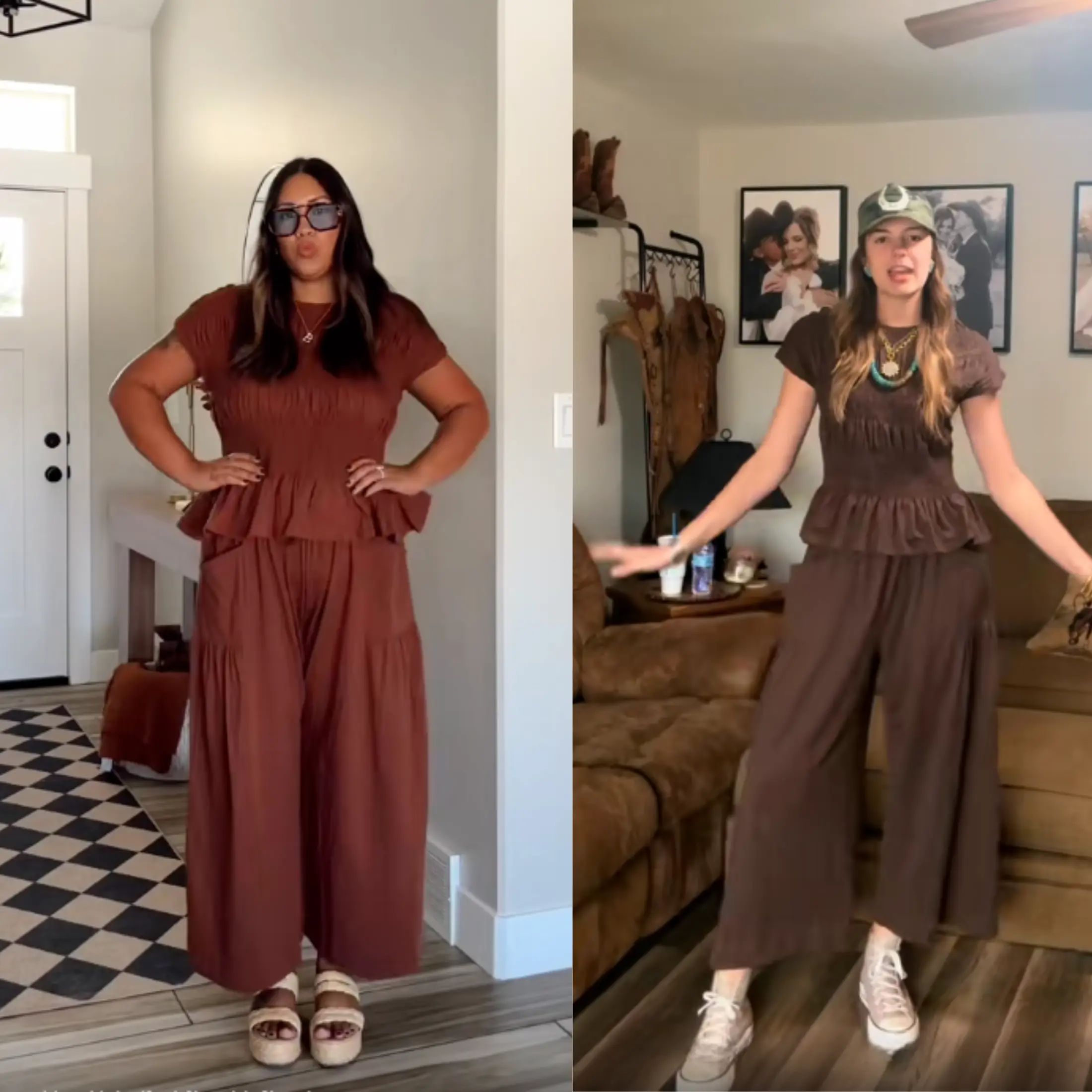 Women's 2-Piece Boho Outfit: Cotton Smocked Top & High Waisted Wide Leg Pants Set