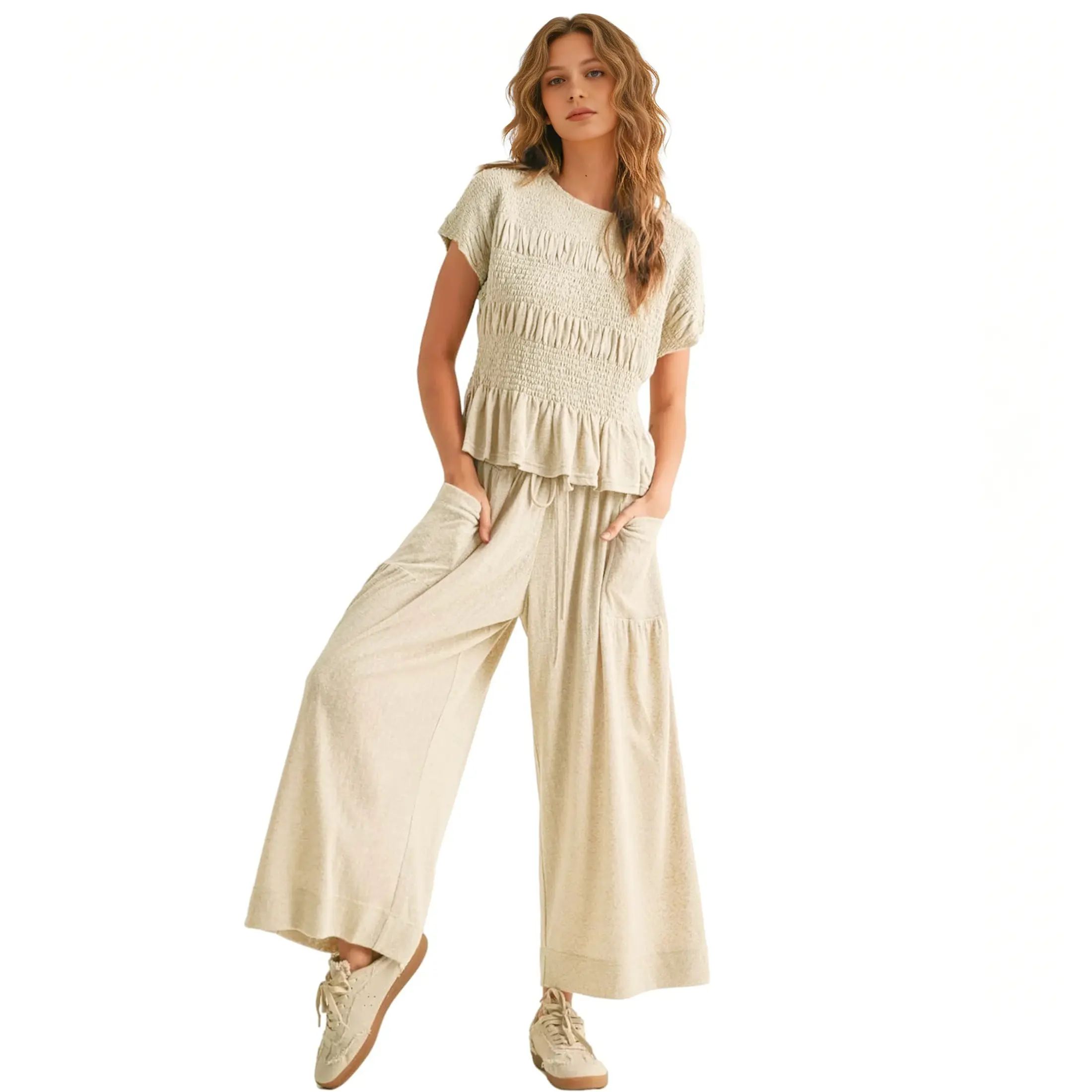 Women's 2-Piece Boho Outfit: Cotton Smocked Top & High Waisted Wide Leg Pants Set