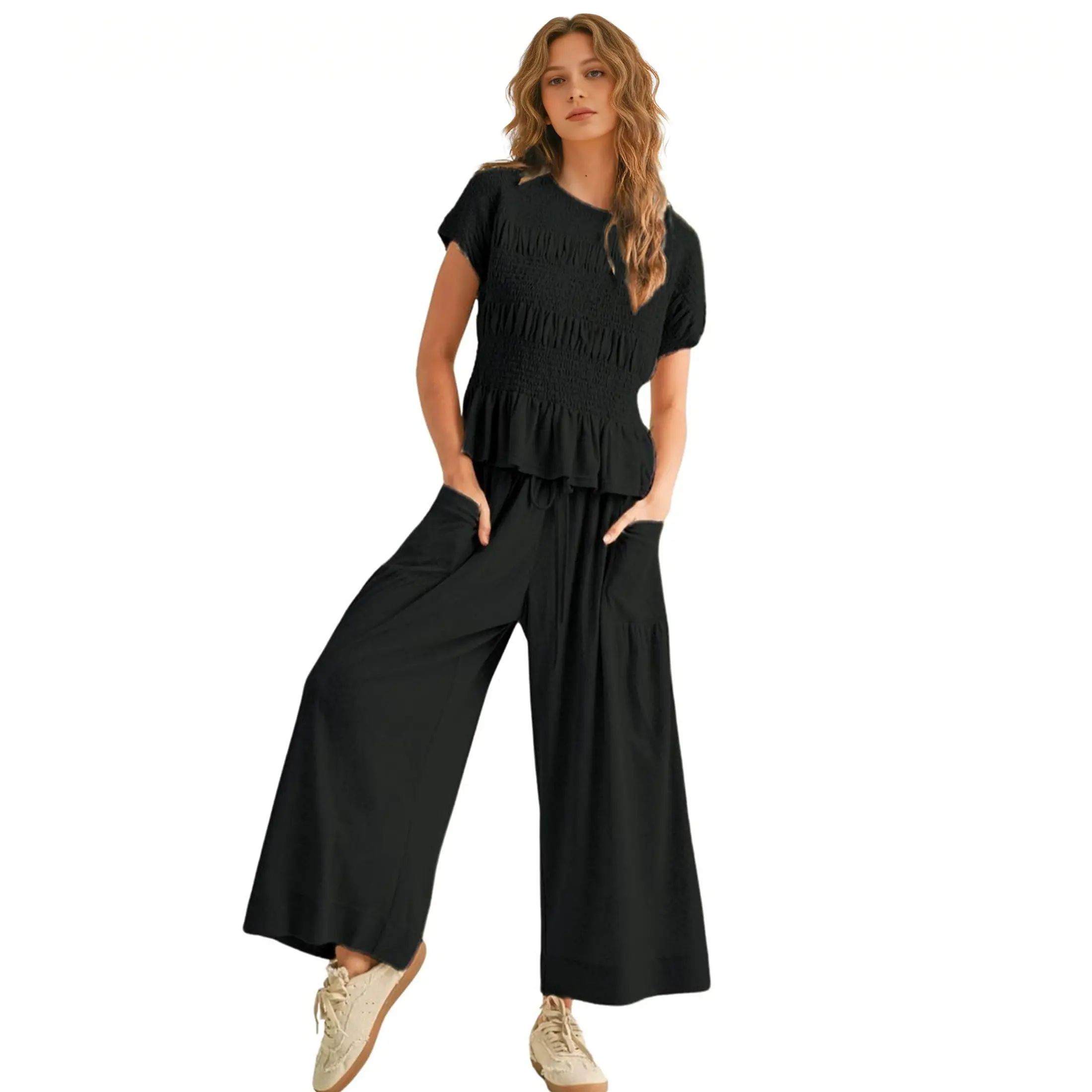 Women's 2-Piece Boho Outfit: Cotton Smocked Top & High Waisted Wide Leg Pants Set