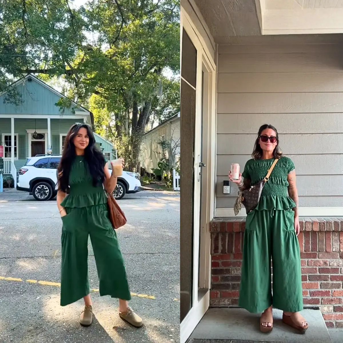 Women's 2-Piece Boho Outfit: Cotton Smocked Top & High Waisted Wide Leg Pants Set