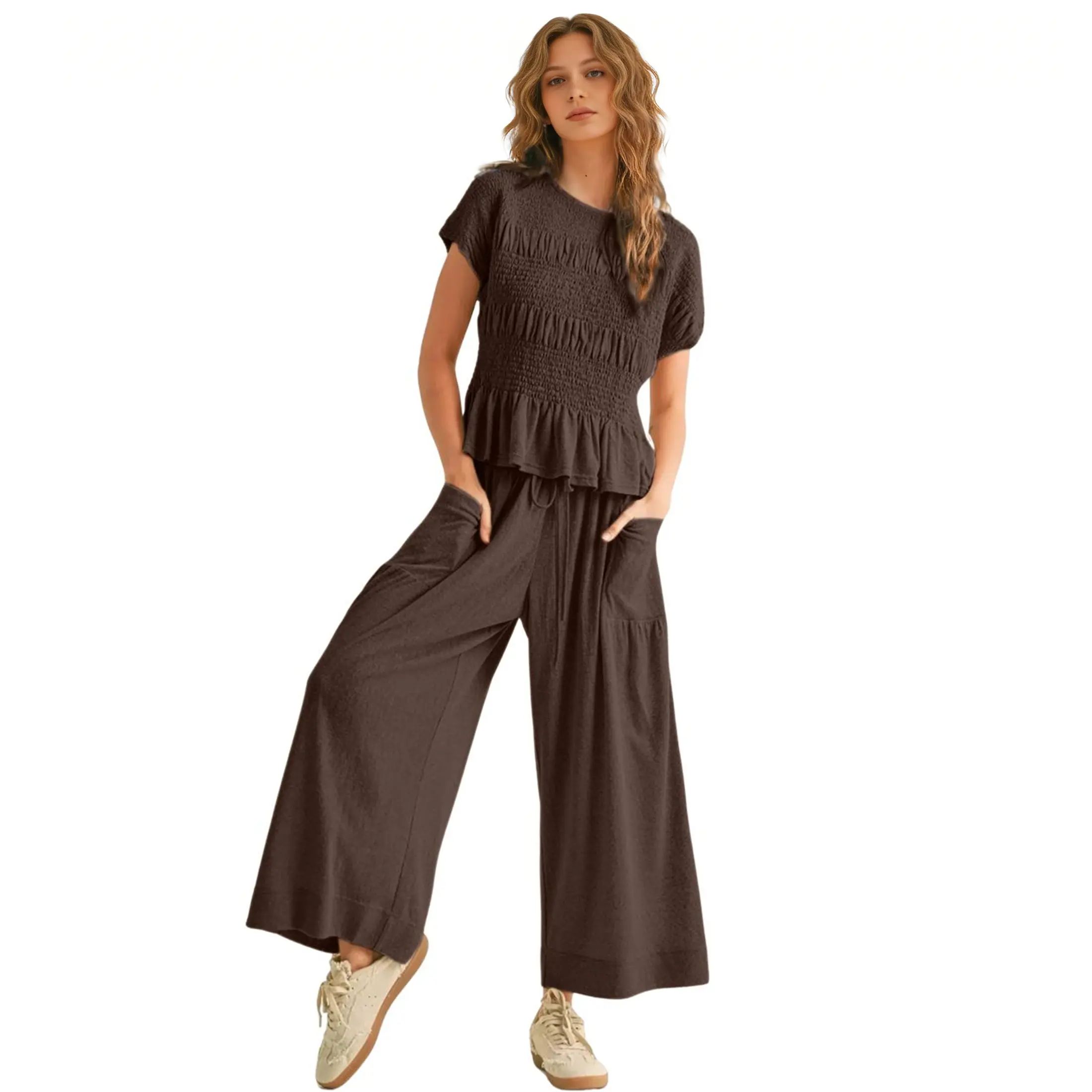 Women's 2-Piece Boho Outfit: Cotton Smocked Top & High Waisted Wide Leg Pants Set