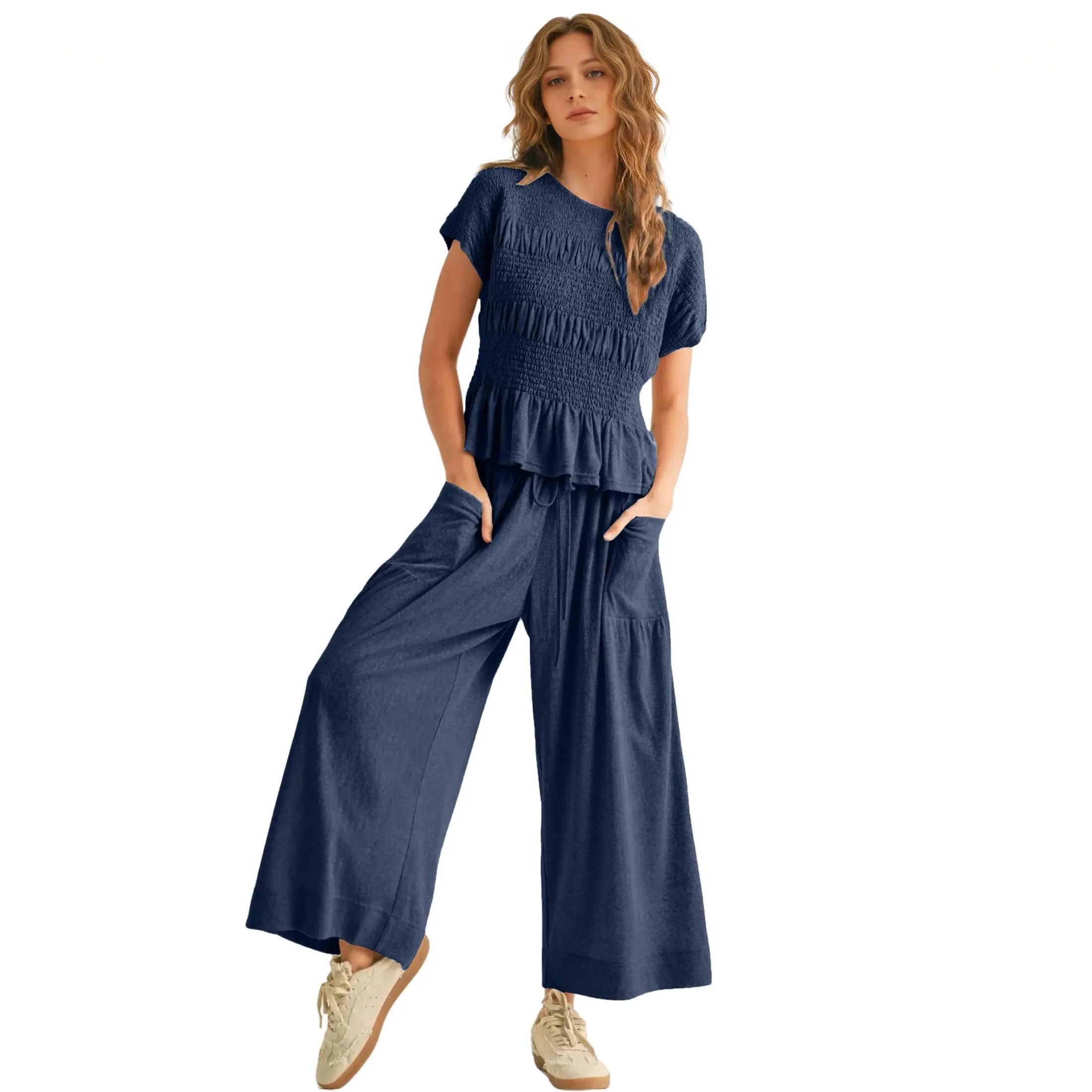 Women's 2-Piece Boho Outfit: Cotton Smocked Top & High Waisted Wide Leg Pants Set