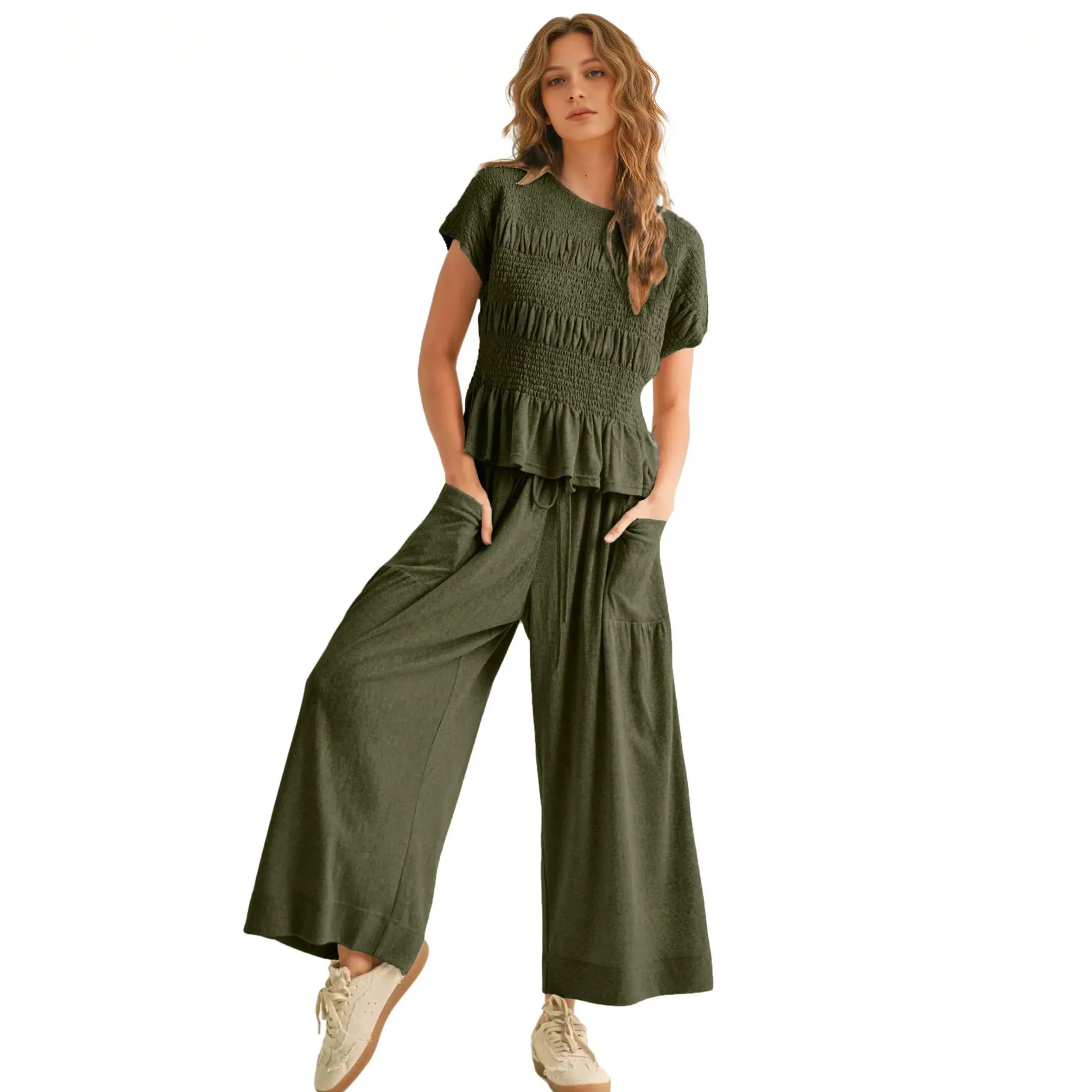Women's 2-Piece Boho Outfit: Cotton Smocked Top & High Waisted Wide Leg Pants Set