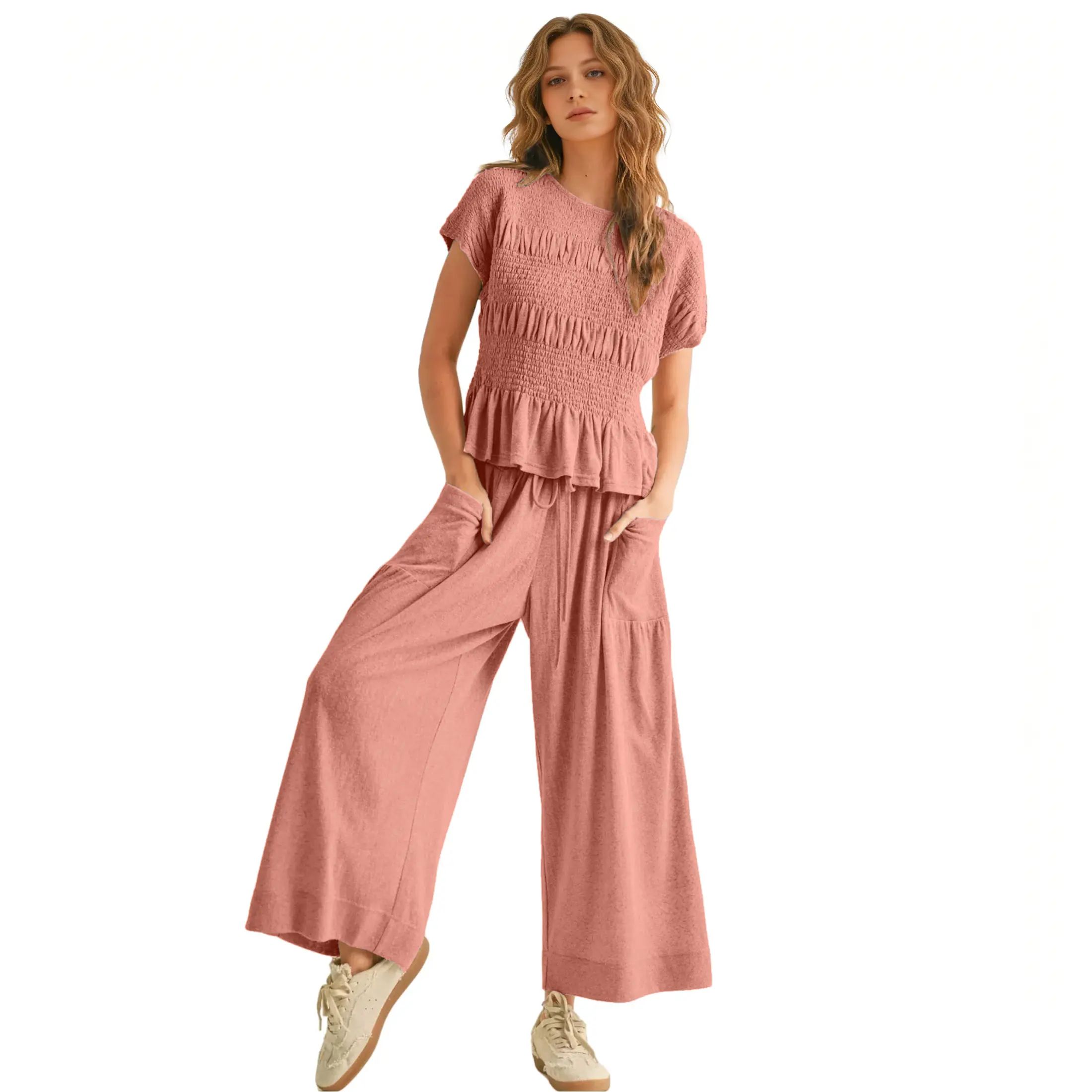 Women's 2-Piece Boho Outfit: Cotton Smocked Top & High Waisted Wide Leg Pants Set