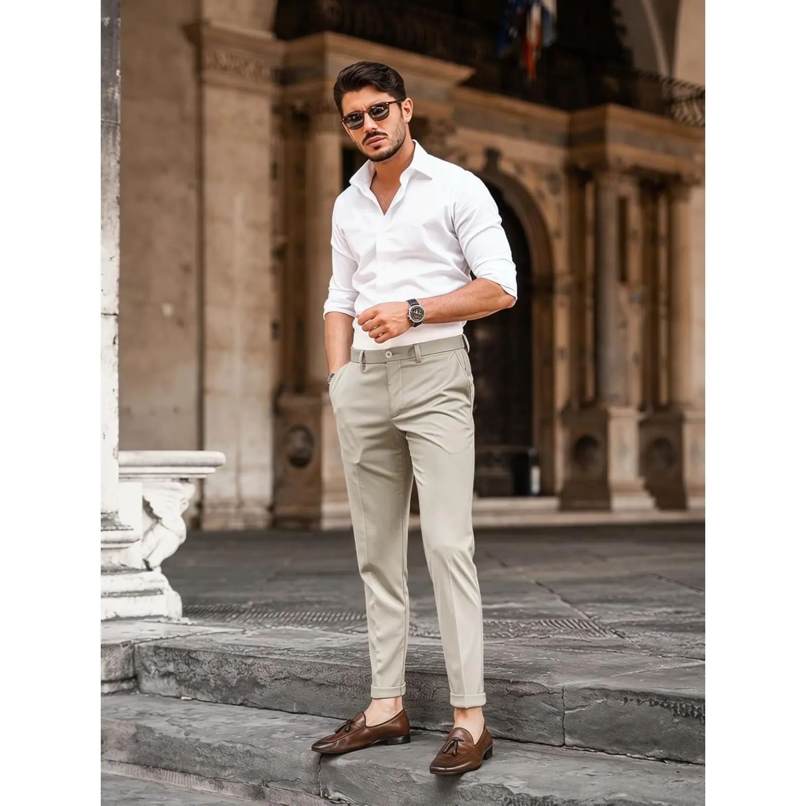 Men's Slim Fit Stretch Dress Pants – Tapered Casual Chinos with Flat Front
