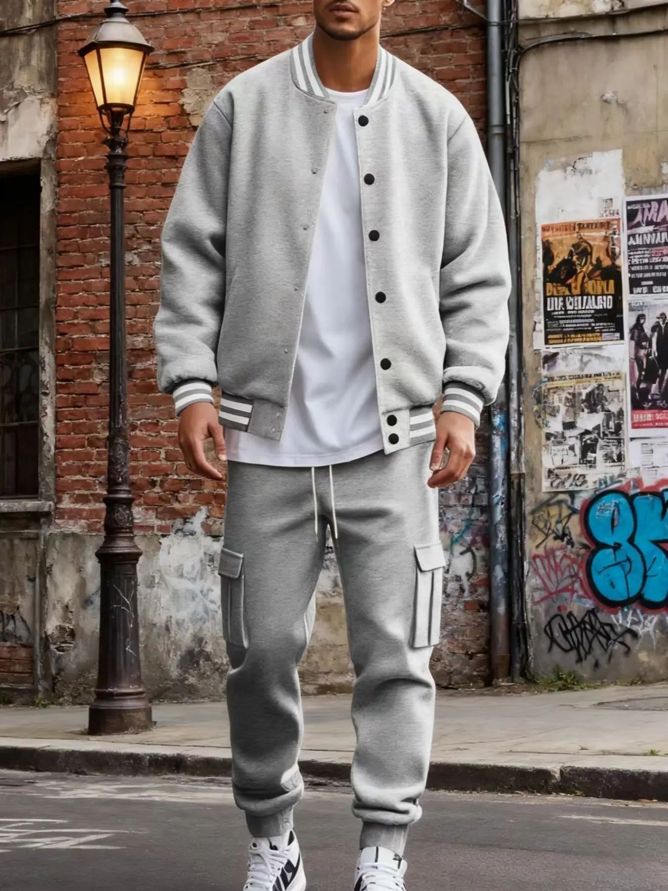 Men's Baseball Jacket & Cargo Pants Set - Fleece Lined Windproof Streetwear Activewear