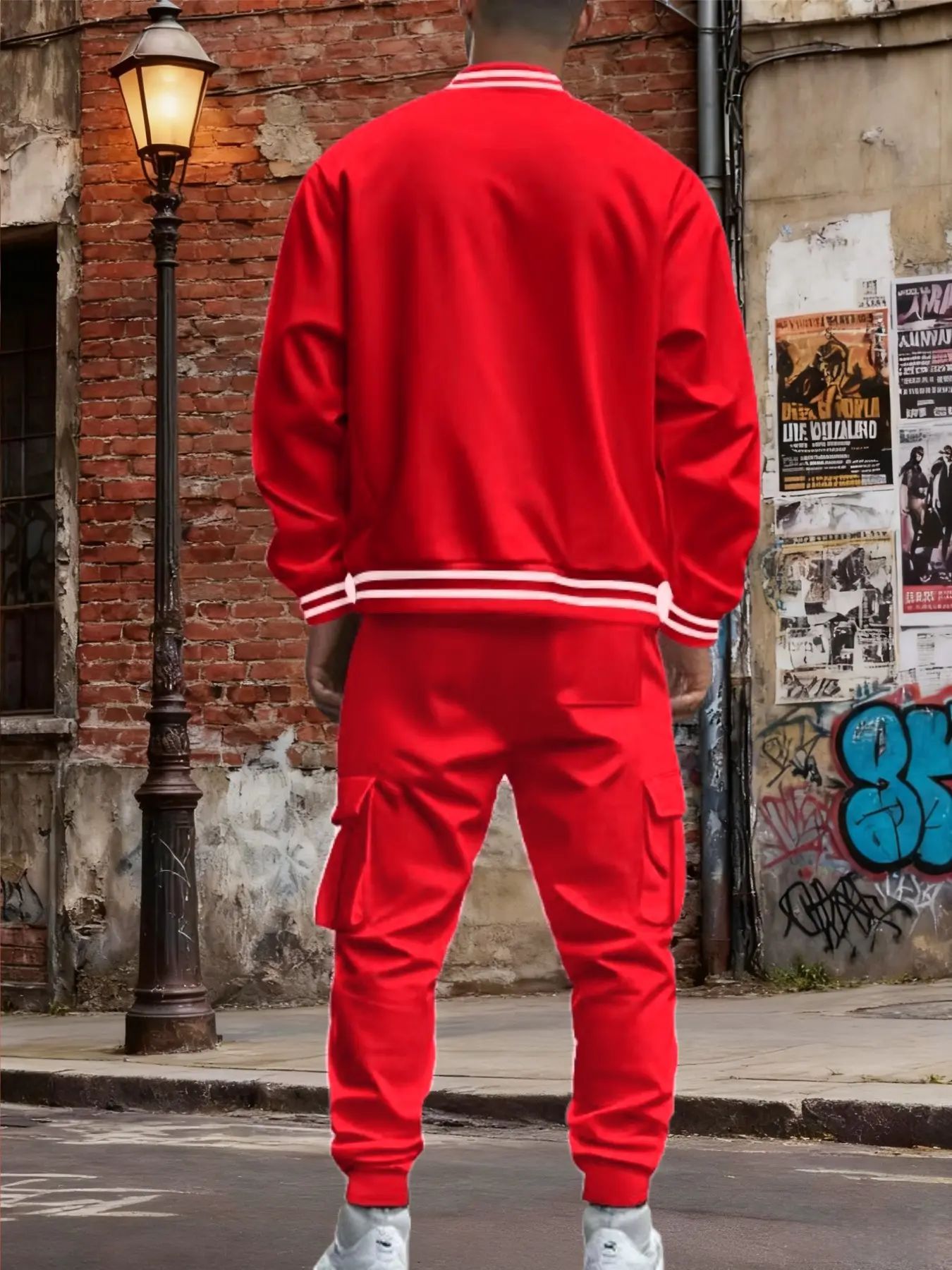 Men's Baseball Jacket & Cargo Pants Set - Fleece Lined Windproof Streetwear Activewear