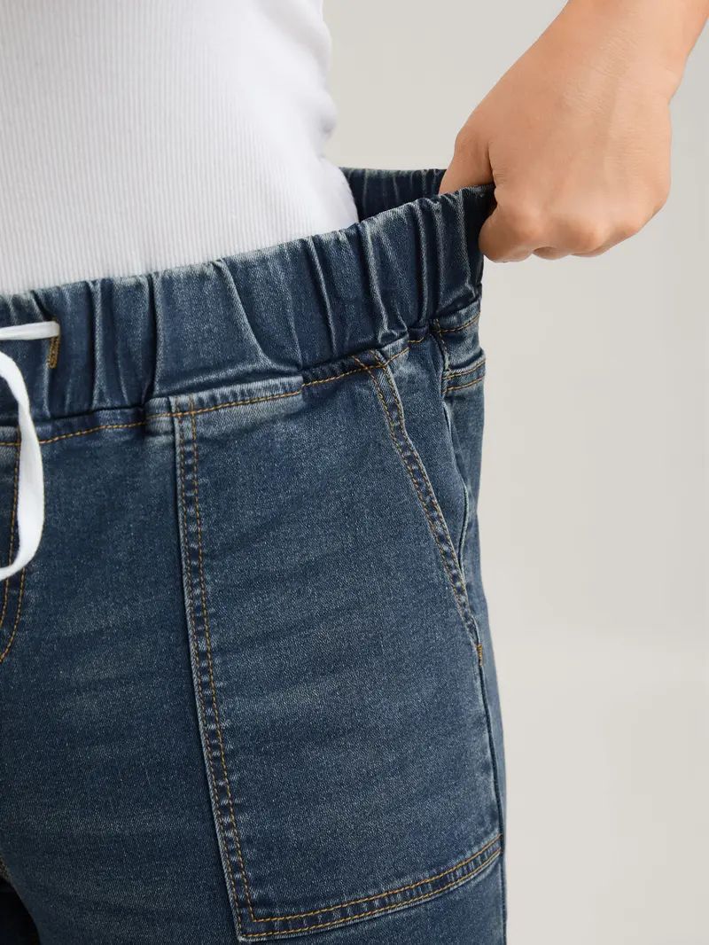 Women's High-Waisted Stretch Denim Jeans – Elastic Drawstring Skinny Fit with Slanted Pockets