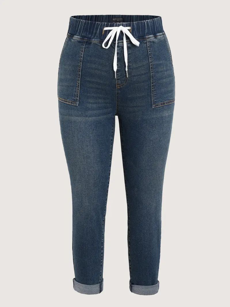 Women's High-Waisted Stretch Denim Jeans – Elastic Drawstring Skinny Fit with Slanted Pockets