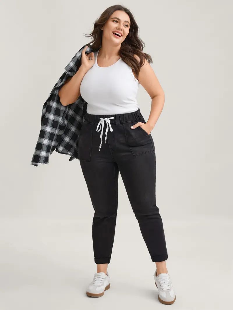 Women's High-Waisted Stretch Denim Jeans – Elastic Drawstring Skinny Fit with Slanted Pockets
