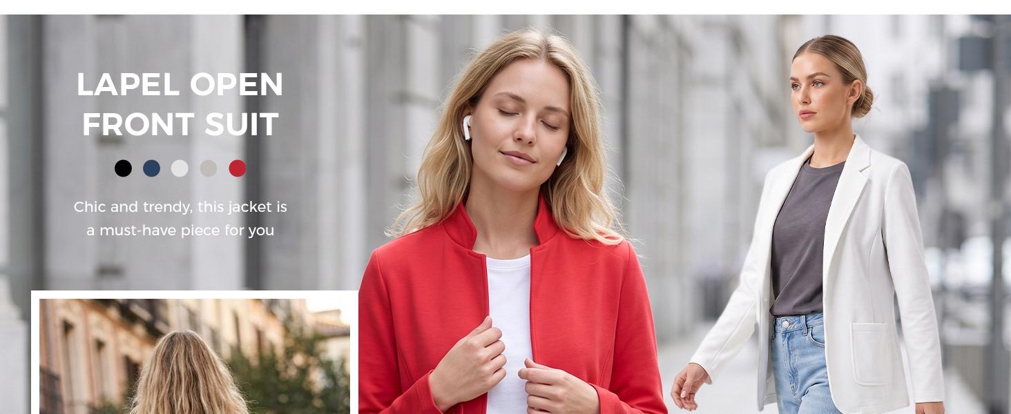 Fisoew Fashion Women's Stand-Collar Sweat-Style Blazer &ndash; A slim-fit, long-sleeve casual blazer with patch pockets, suitable for work, daily wear, and travel.