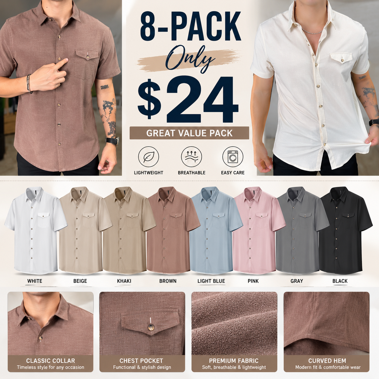 Men's Linen-Like Button-Down Shirt – Classic Collar with Chest Pocket & Curved Hem