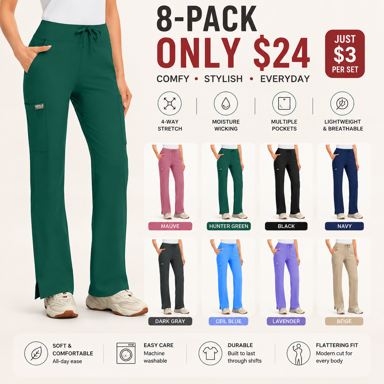 Yoga Scrub Pants Women High-Rise Straight Leg Uniform Cargo Bottom with Yoga Waistband,5 Pockets&4-Way Stretch,summerwins