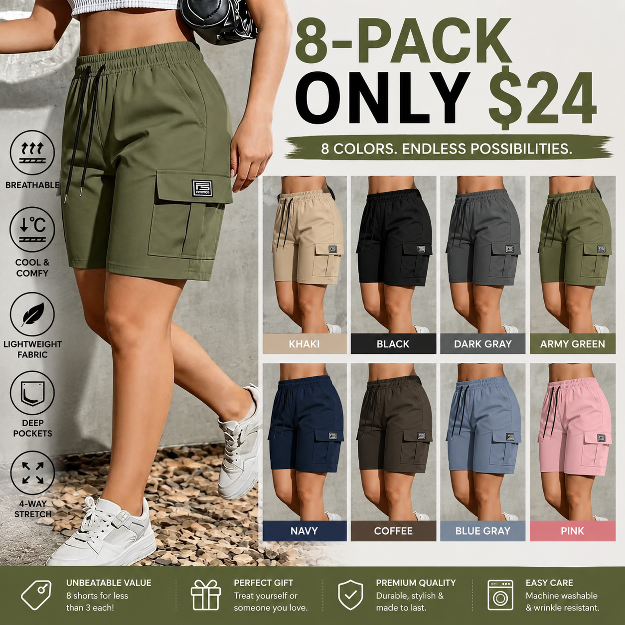 Women's Quick-Dry Outdoor Cargo Hiking Shorts – Elastic Waist, Multi-Pocket, Knee-Length Comfort Fit