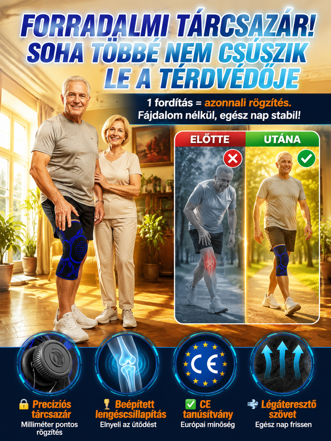 👍Bionikus Tárcsás Térdrögzítő – Csúszásmentes Ízületi Támasztó Gélpárnával – Lélegző Tehermentesítő Térdszorító Időseknek és Sportolóknak