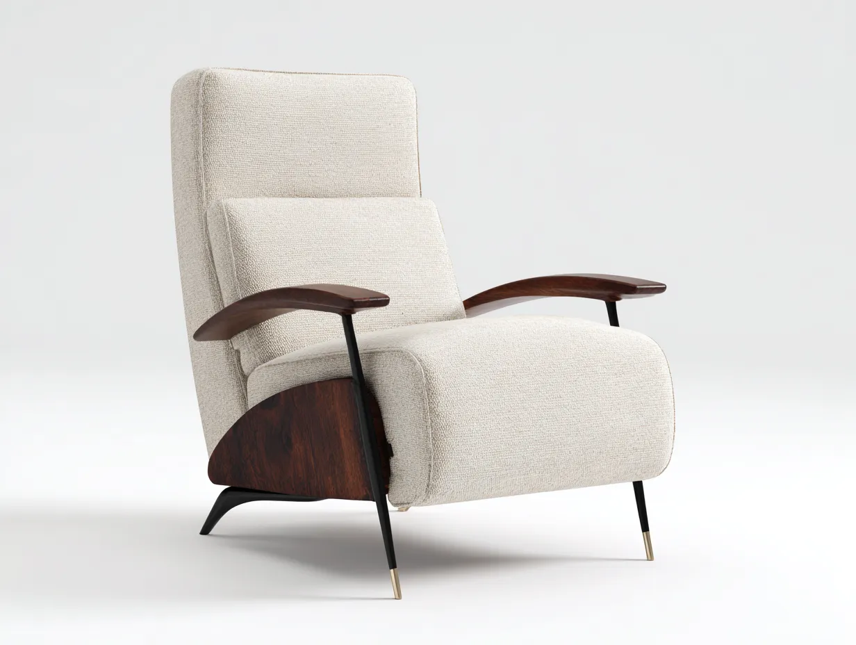 Poltrona 82×88×100 cm in tessuto beige con base legno design retrò per soggiorno-Mimonzidecor
