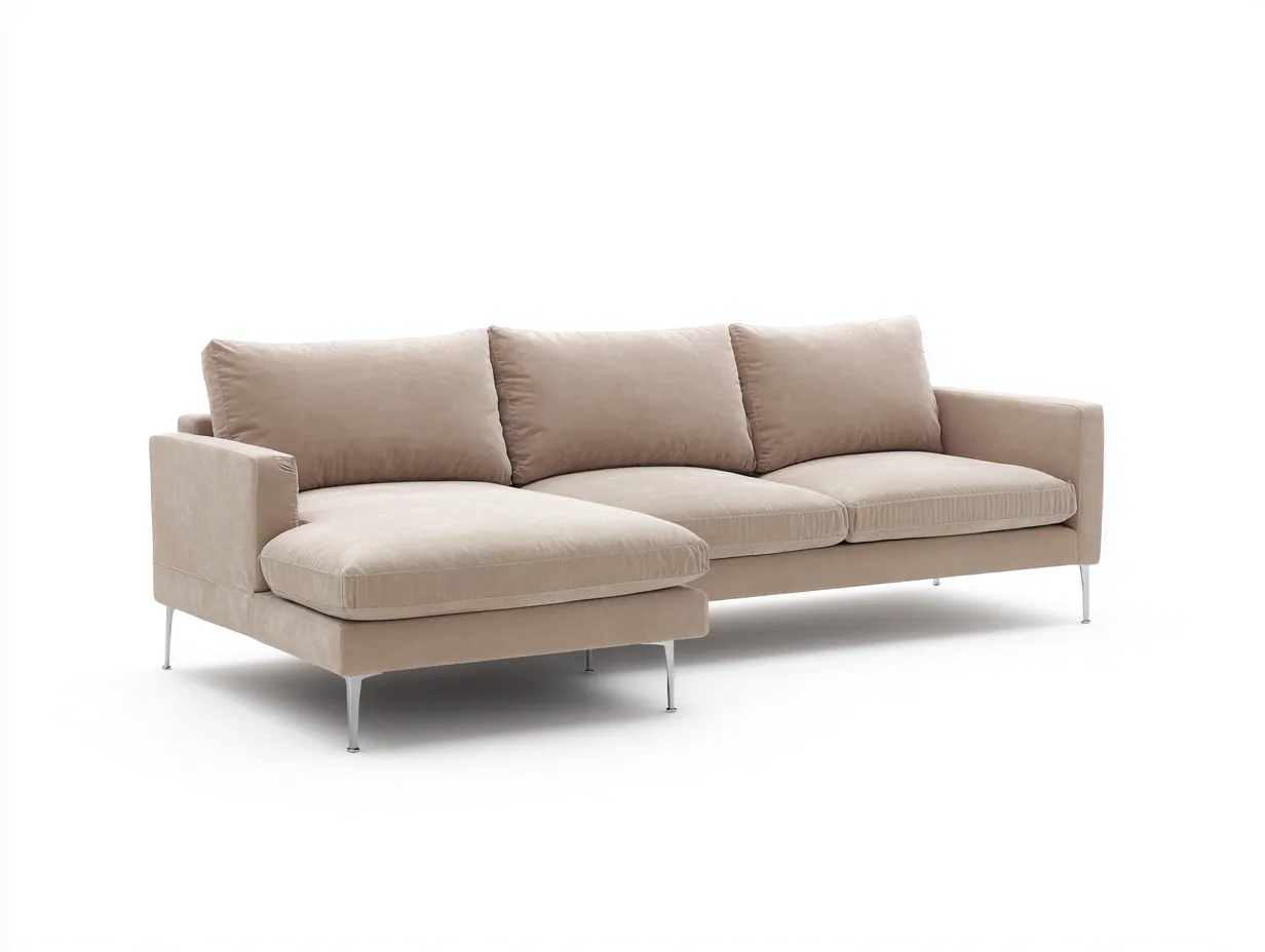 Divano 280×160×85 cm in tessuto beige con chaise longue stile elegante per soggiorno-Mimonzidecor