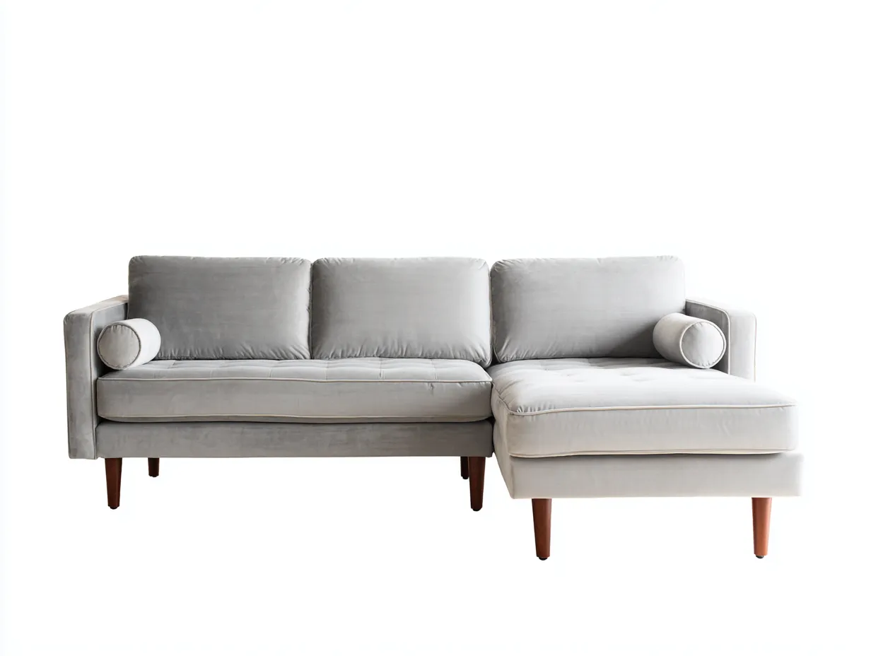 Divano 275×155×82 cm in tessuto grigio chiaro con chaise longue comfort per soggiorno-Mimonzidecor