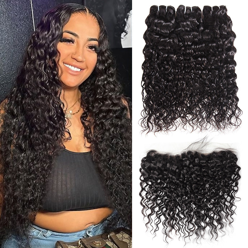 Malaysian Water Wave 3 Bundles with 13*4 Lace Frontal Human Hair - AlloveHair