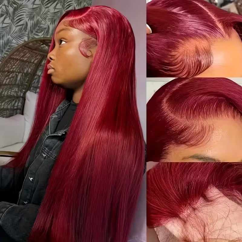 32 Inch 99J Burgundy 13x6 HD Transparent Lace Front Wig Virgin Straight Human Hair - AlloveHair