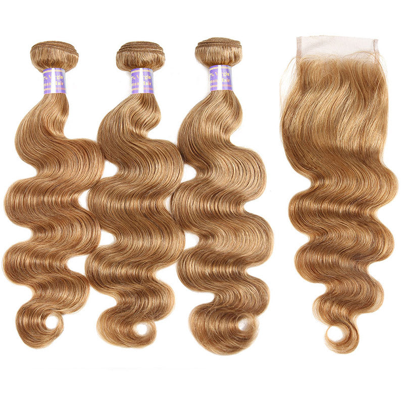 Experience the beauty of body wave hair in a stunning #27 honey blonde shade with Allove Hair's irresistible bundle deals. Complete with a high-quality 4x4 lace closure, our bundles are perfect for seamless sew-in installations.