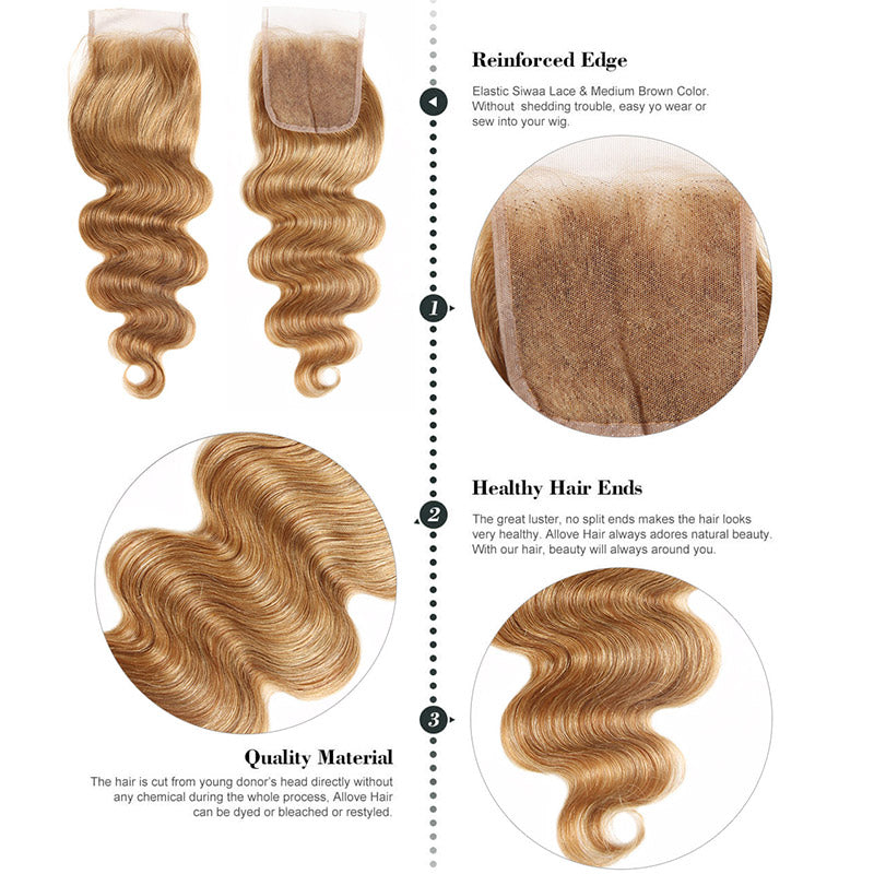 Allove Hair  Ombre 27# Body Wave Human Hair 3 Bundles With Lace Closure : ALLOVEHAIR