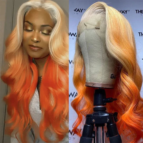 32 Inch Long Blonde Ginger Ombre Color Body Wave Human Hair Wig Pre-plucked 13x4 Transparent Lace Front Wig - AlloveHair