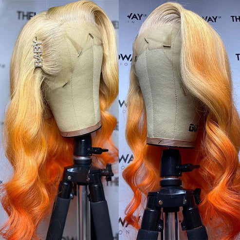 32 Inch Long Blonde Ginger Ombre Color Body Wave Human Hair Wig Pre-plucked 13x4 Transparent Lace Front Wig - AlloveHair