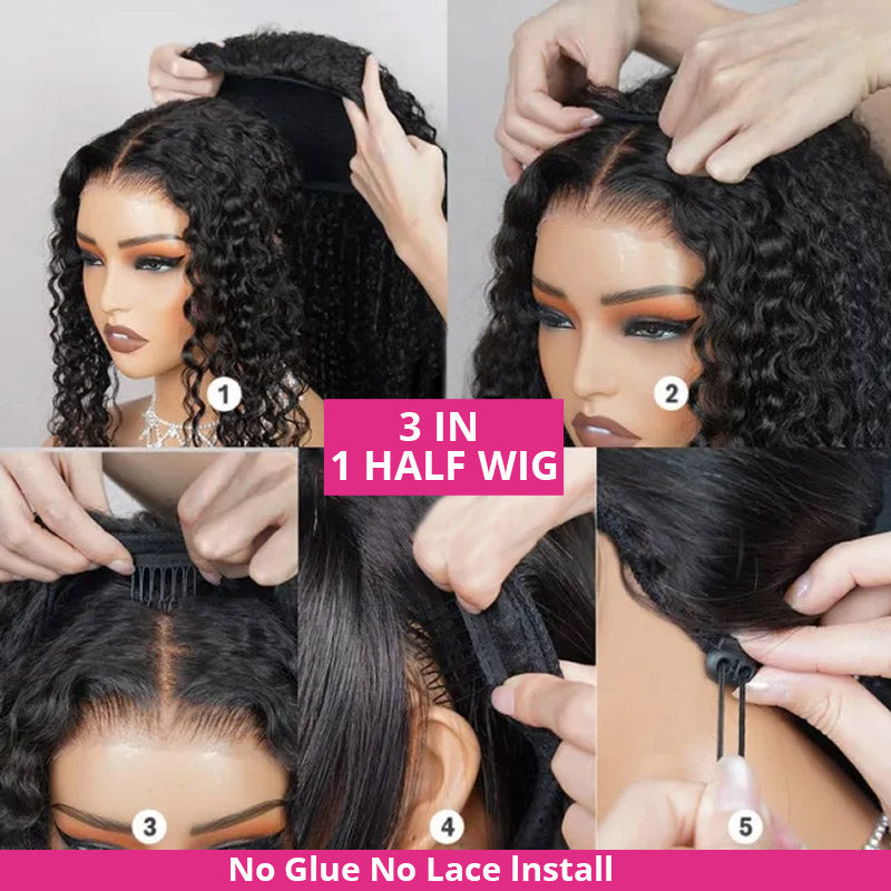 【3 IN 1 HALF WIG】Allove Invisible Hairline with Drawstring Coily Curly Half Wig Burmese Kinky Curly For Black Women - AlloveHair